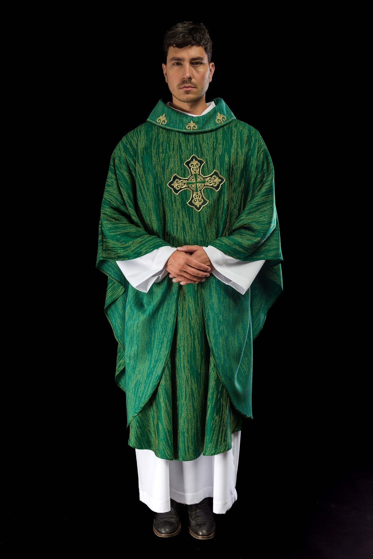 Green Chasuble with Embroidered Cross Motif on Decorative Fabric LE/7036/01 - CHASUBLES.COM
