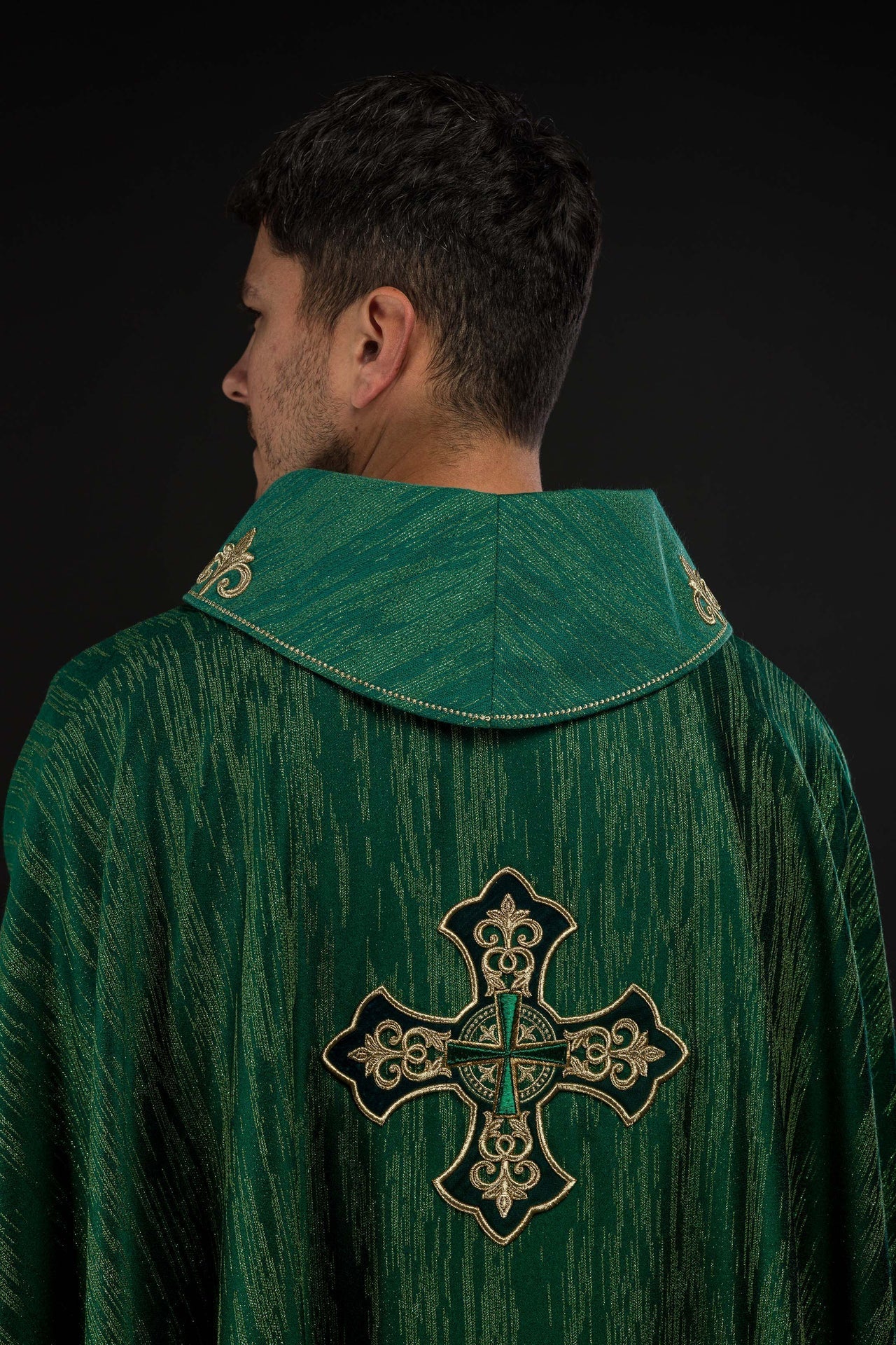 Green Chasuble with Embroidered Cross Motif on Decorative Fabric LE/7036/01 - CHASUBLES.COM