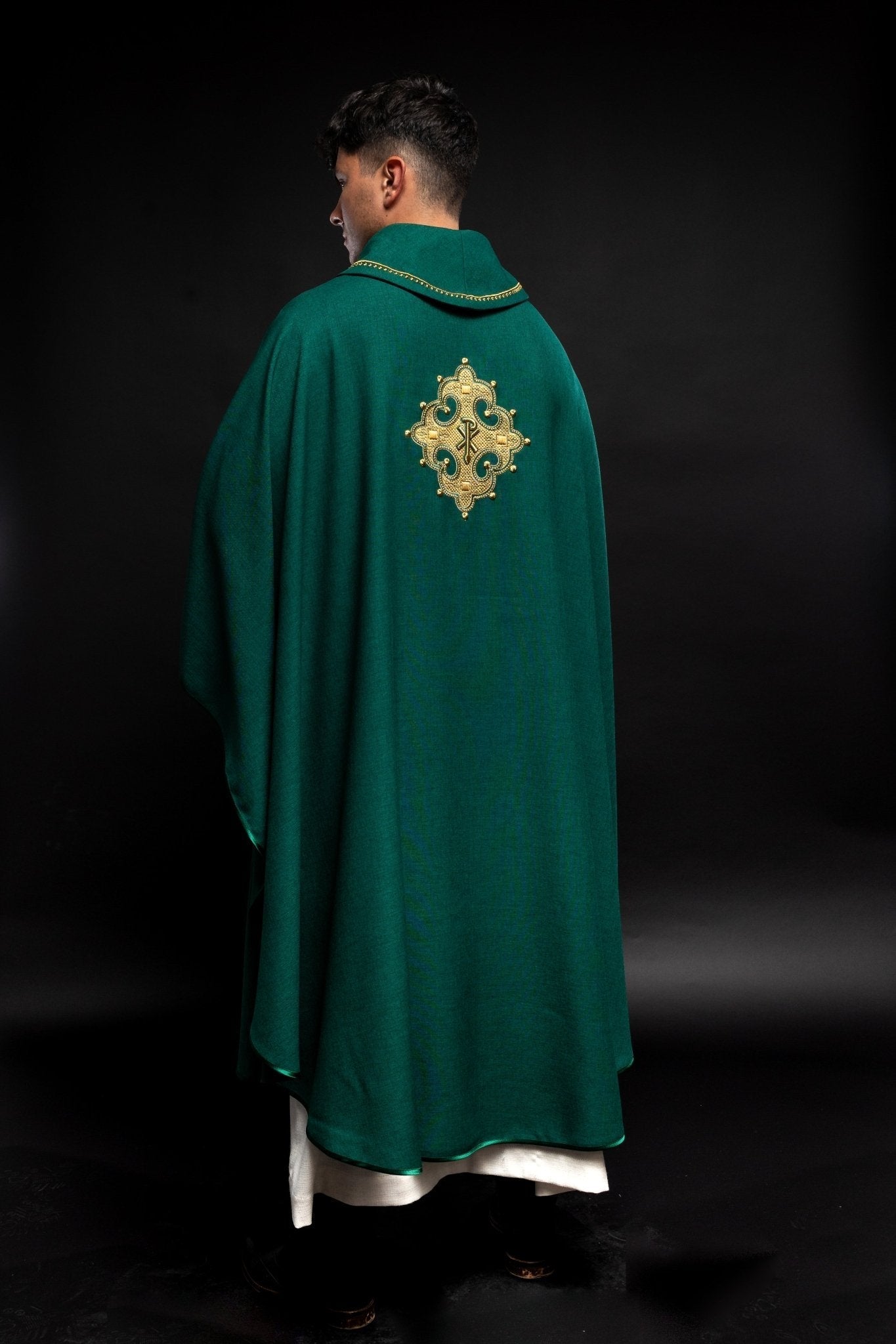 Green chasuble with gold PAX embroidery on chest and delicate embroidery on collar S - 7065 - 01 - 70 - HAFTINAUSA.COM
