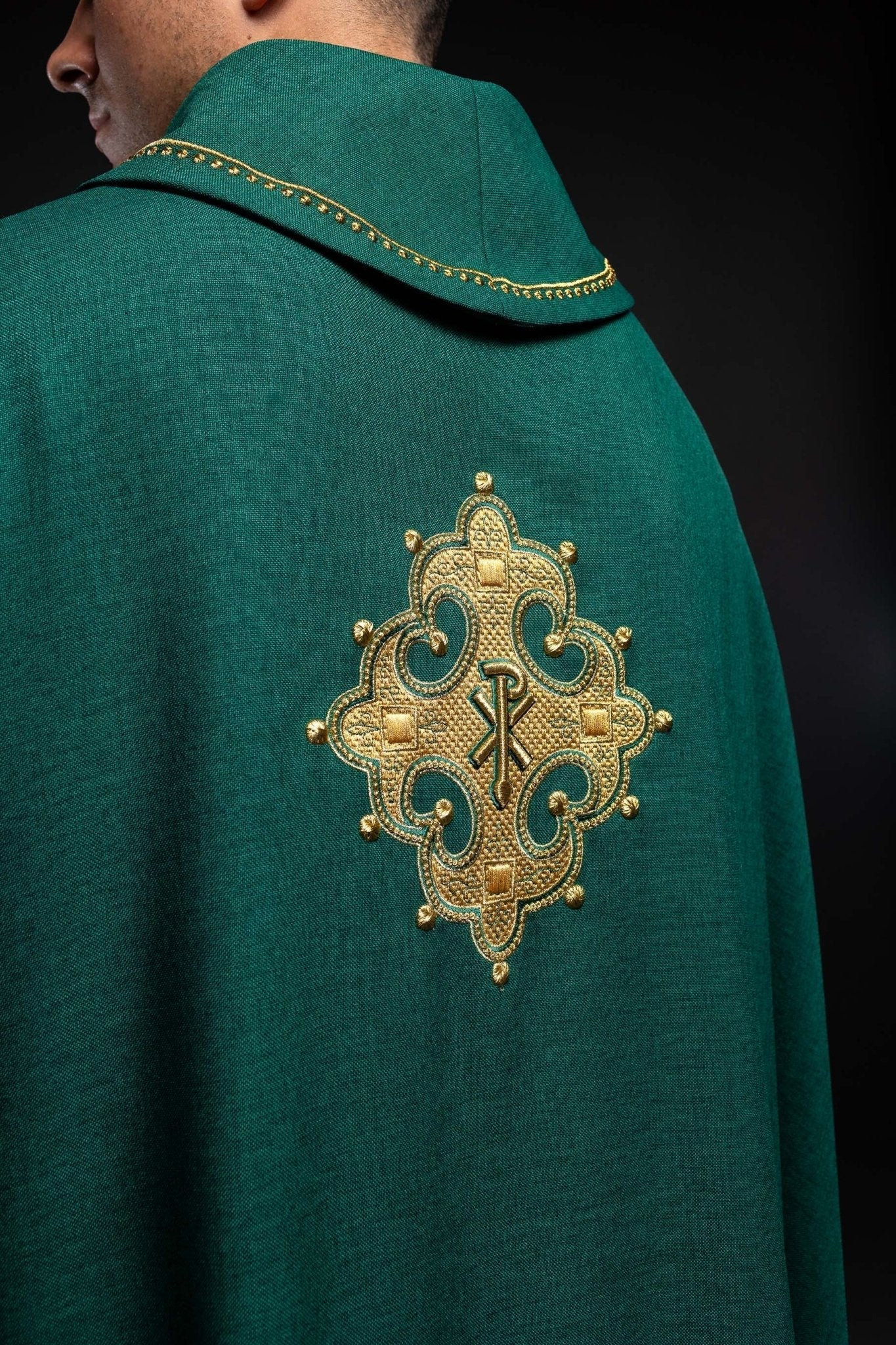 Green chasuble with gold PAX embroidery on chest and delicate embroidery on collar S - 7065 - 01 - 70 - HAFTINAUSA.COM