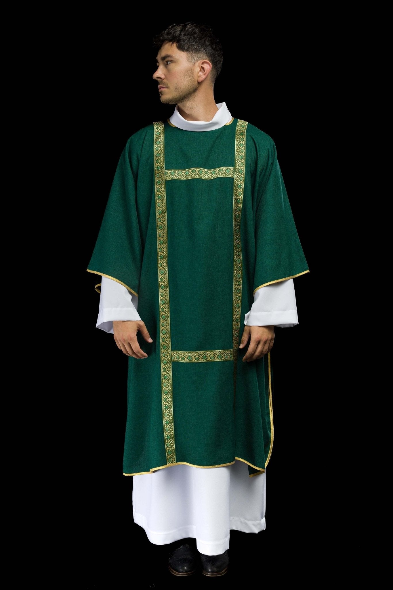 Green dalmatic decorated with gold jacquard ribbons KDL/395/01/70/B - CHASUBLES.COM