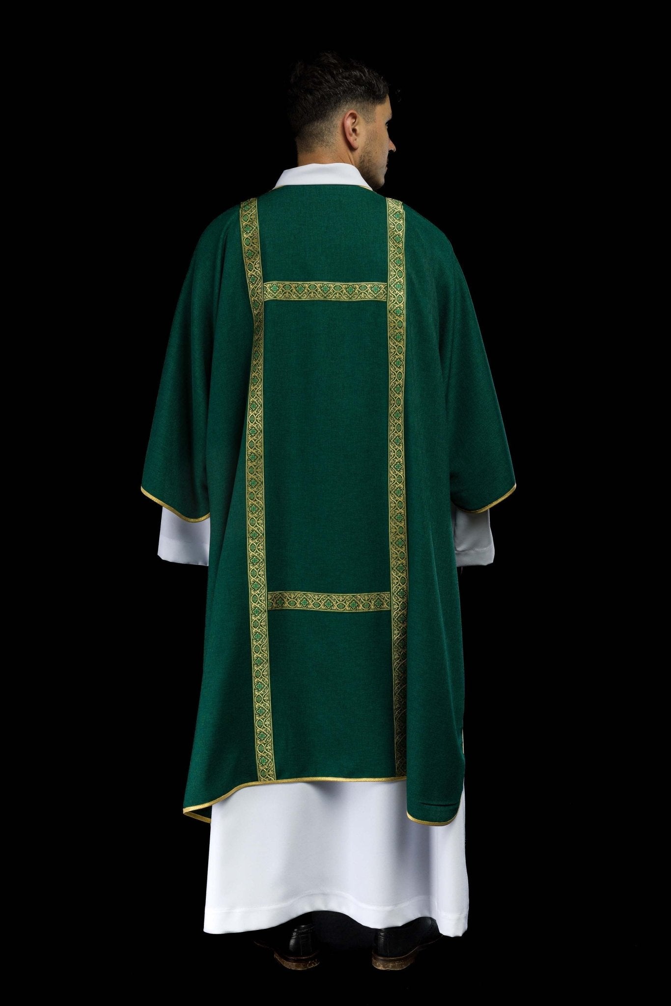 Green dalmatic decorated with gold jacquard ribbons KDL/395/01/70/B - CHASUBLES.COM