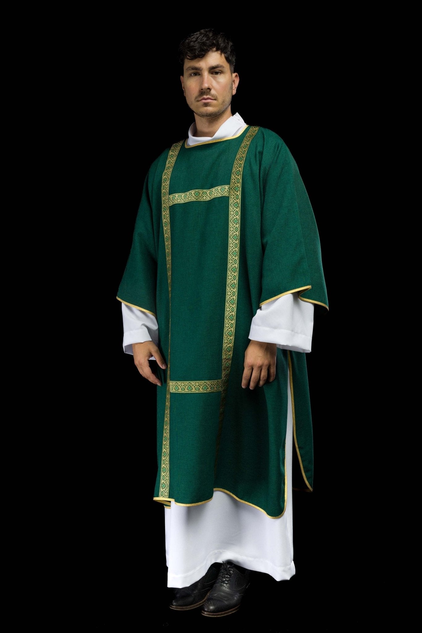 Green dalmatic decorated with gold jacquard ribbons KDL/395/01/70/B - CHASUBLES.COM