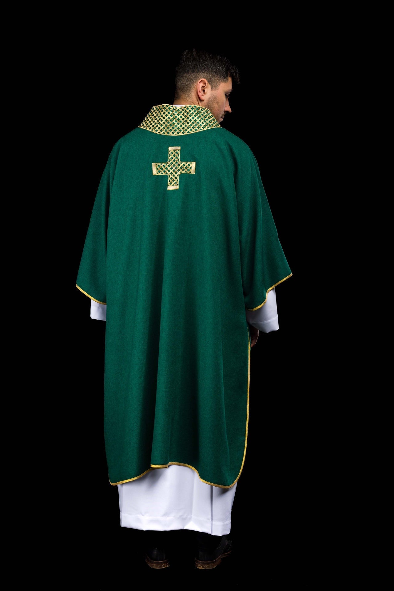 Green dalmatic with embroidered crosses and a collar S-1070-01-70-D DALMATYK - CHASUBLES.COM