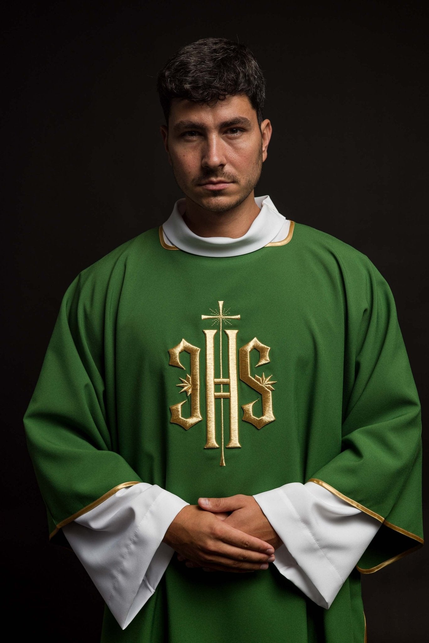 Green Dalmatic with Embroidered Gold IHS KDL/215/01/12/D - CHASUBLES.COM