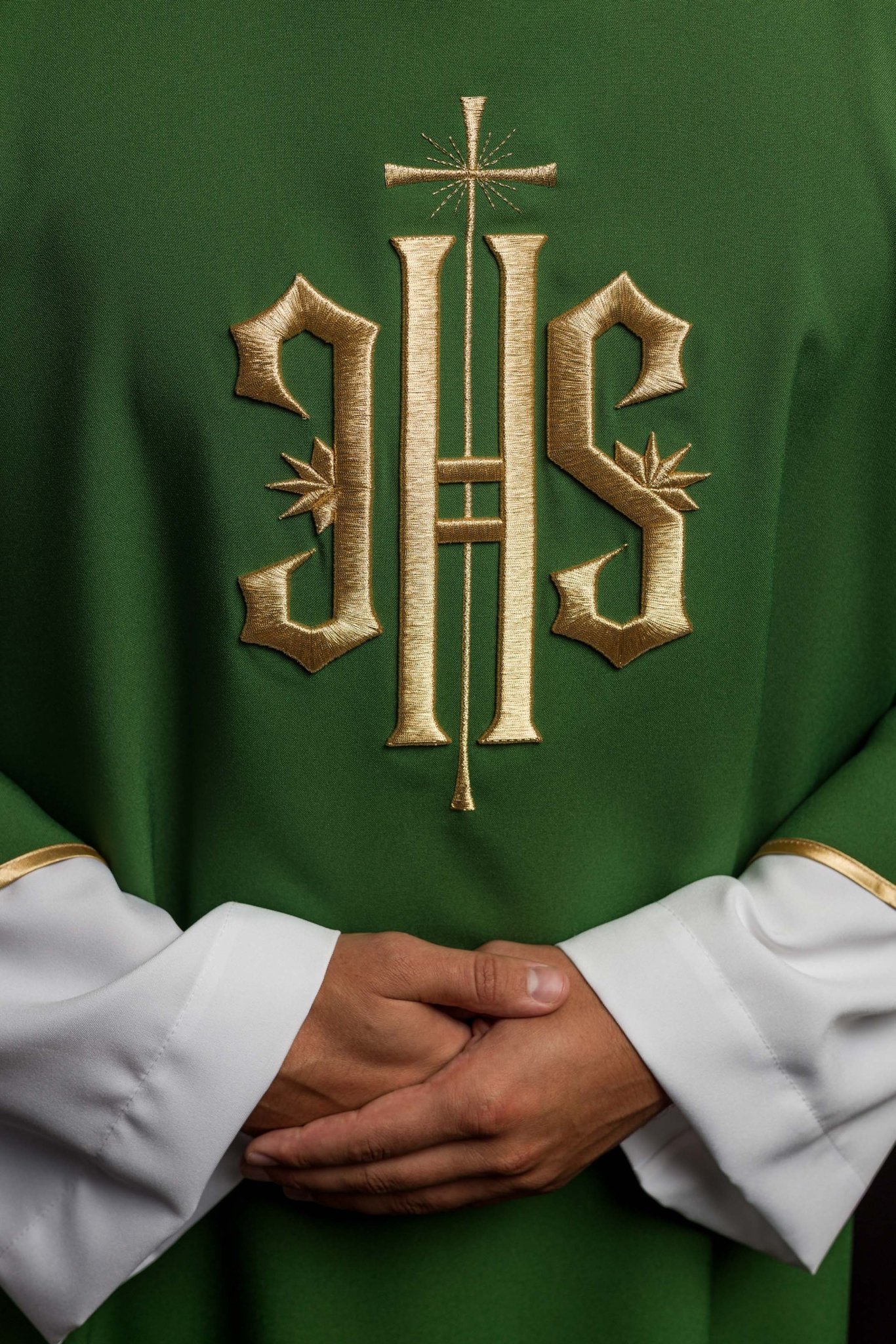 Green Dalmatic with Embroidered Gold IHS KDL/215/01/12/D - CHASUBLES.COM