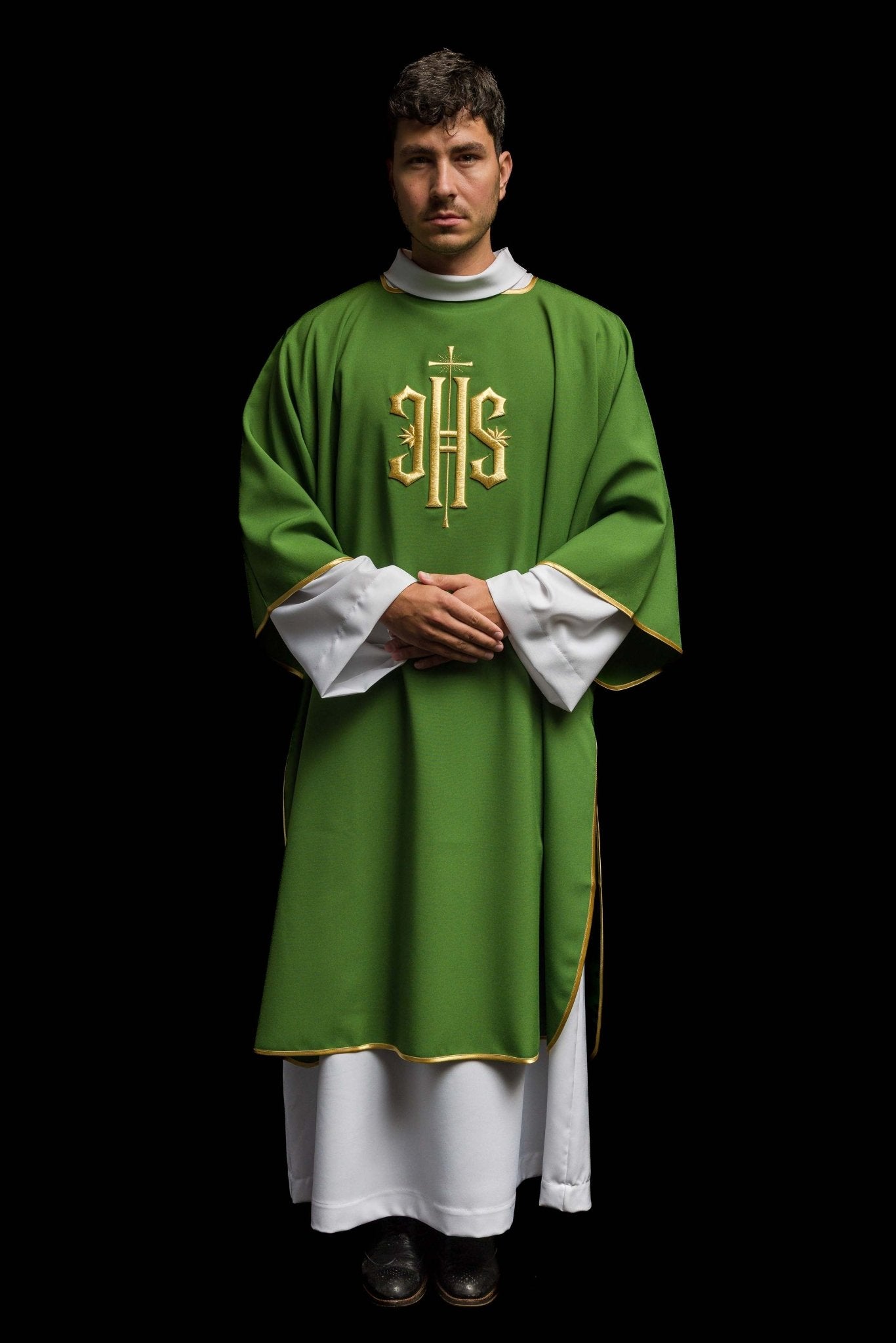 Green Dalmatic with Embroidered Gold IHS KDL/215/01/12/D - CHASUBLES.COM