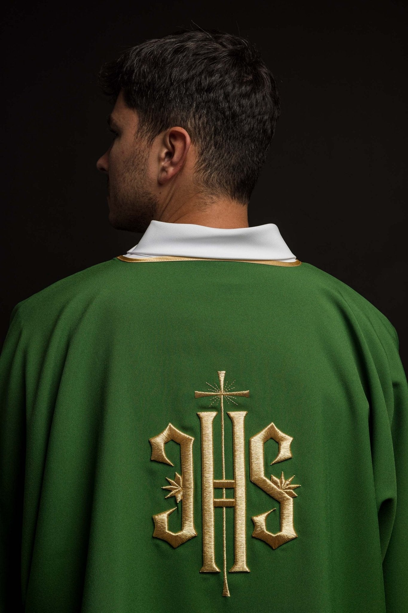 Green Dalmatic with Embroidered Gold IHS KDL/215/01/12/D - CHASUBLES.COM