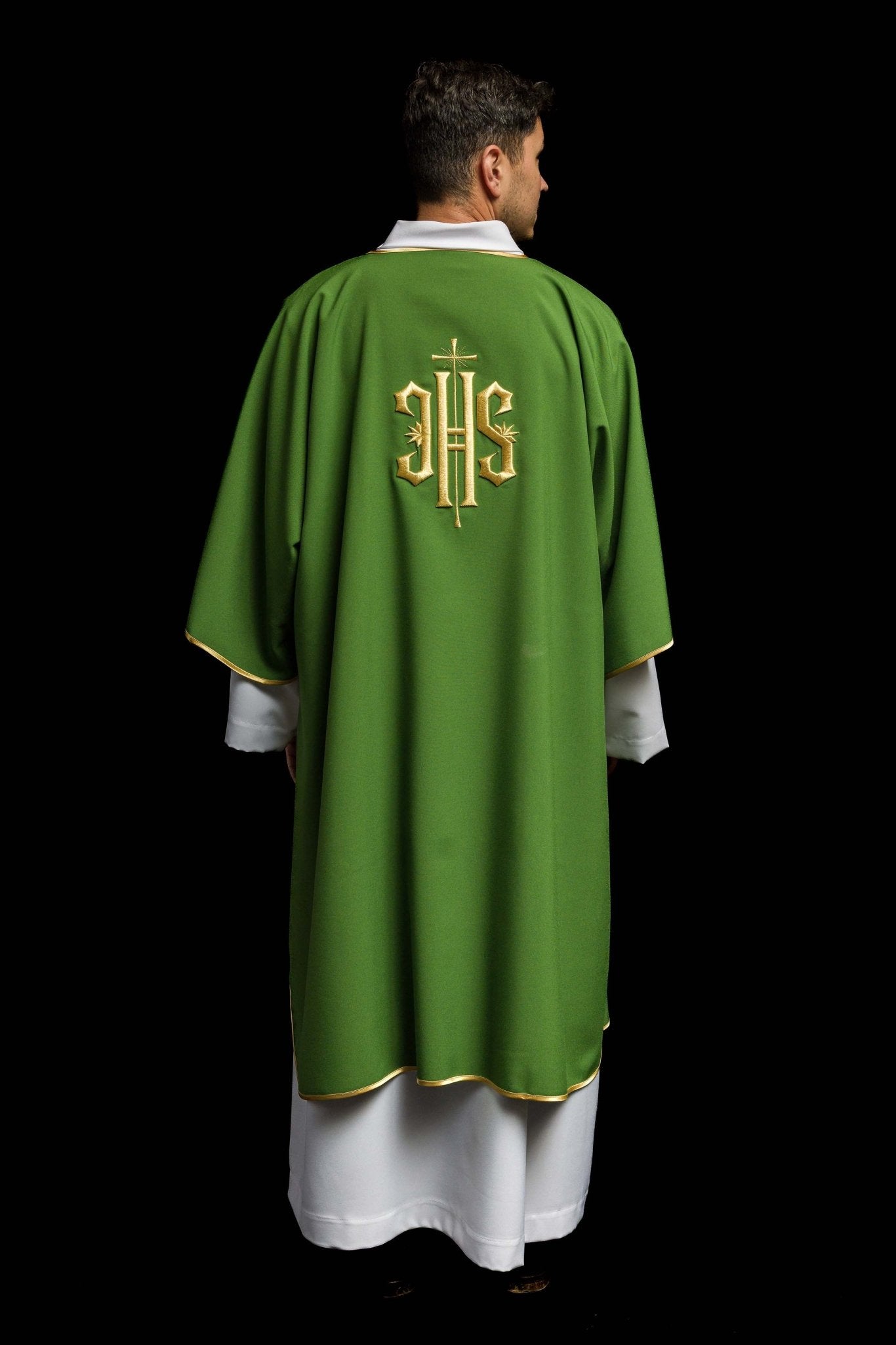Green Dalmatic with Embroidered Gold IHS KDL/215/01/12/D - CHASUBLES.COM