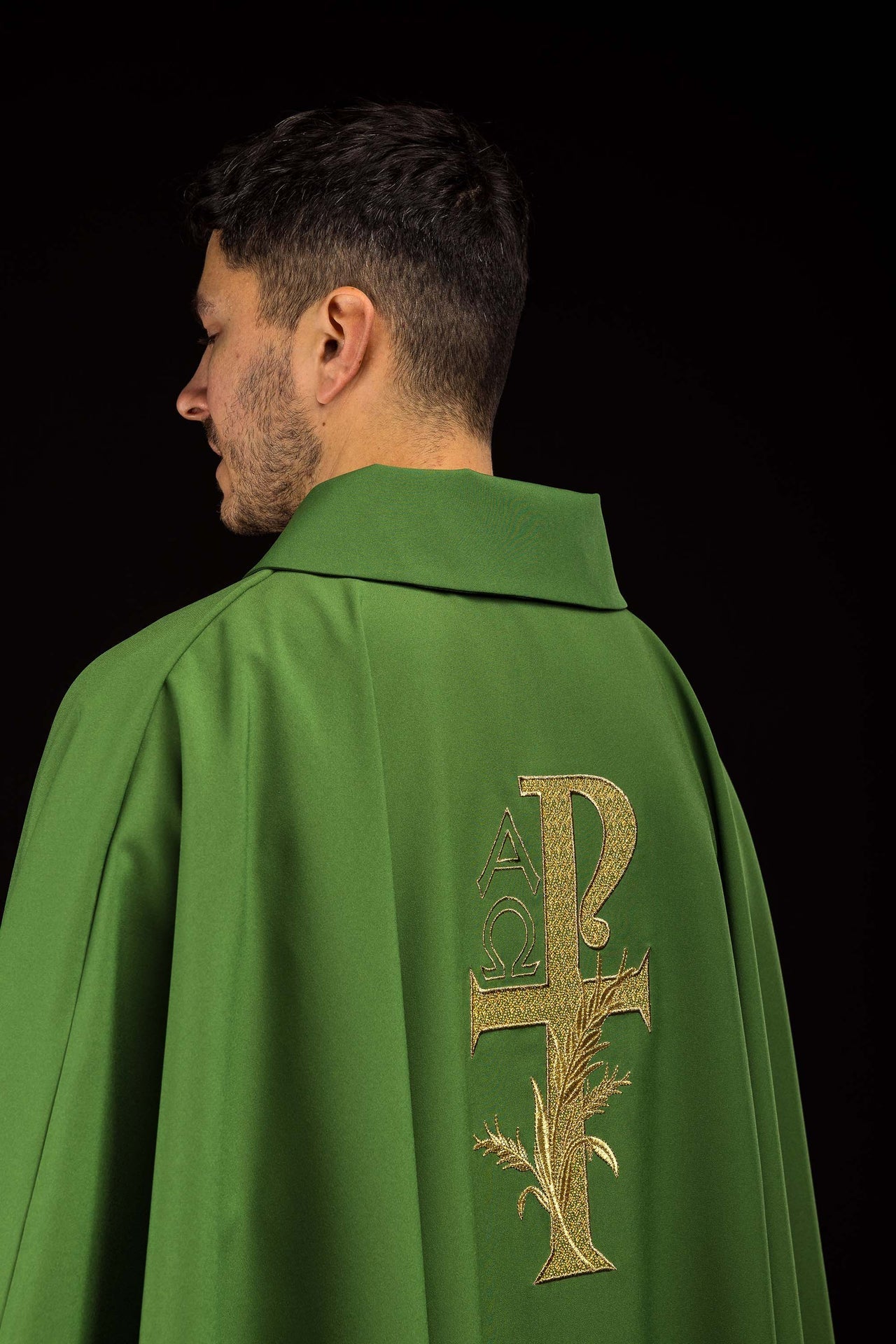 Green embroidered chasuble with Alpha and Omega symbol and wide collar KOK/004/01/12/KARO - CHASUBLES.COM