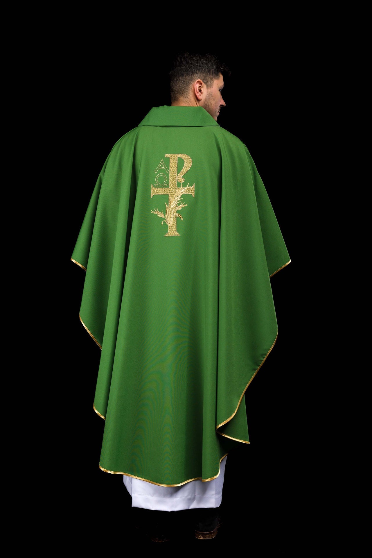 Green embroidered chasuble with Alpha and Omega symbol and wide collar KOK/004/01/12/KARO - CHASUBLES.COM