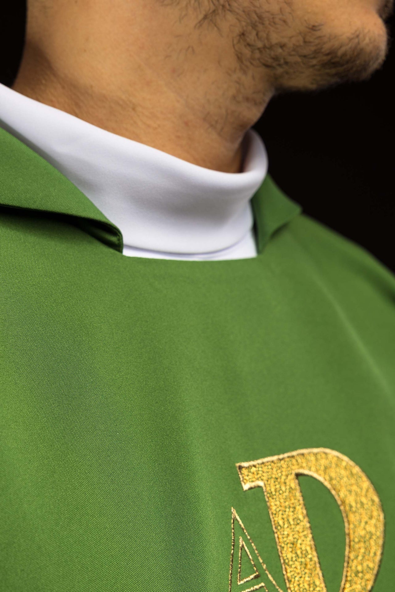 Green embroidered chasuble with Alpha and Omega symbol and wide collar KOK/004/01/12/KARO - CHASUBLES.COM