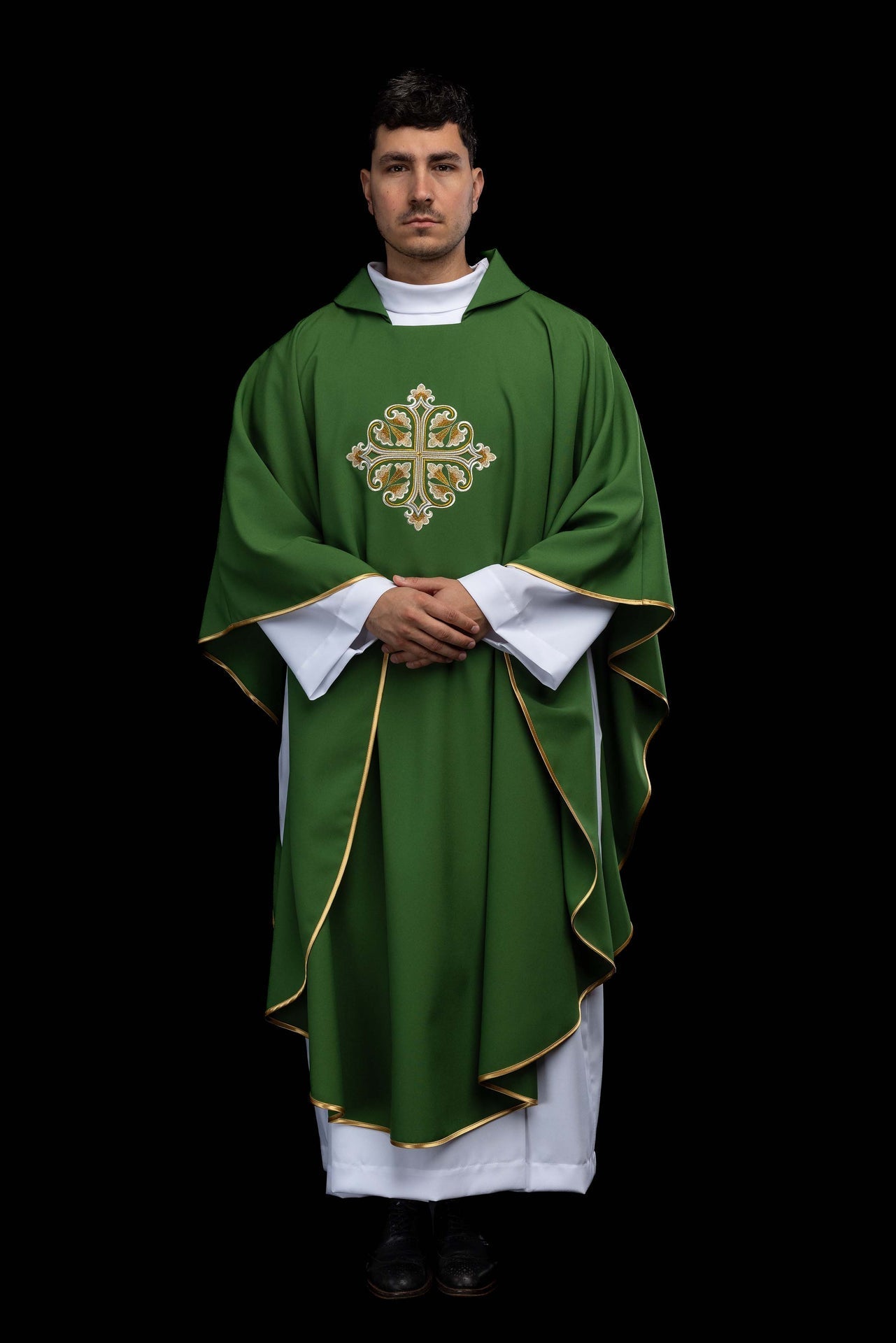 Green embroidered chasuble with an ornate cross and a wide collar KOK/003/01/12/KARO - CHASUBLES.COM