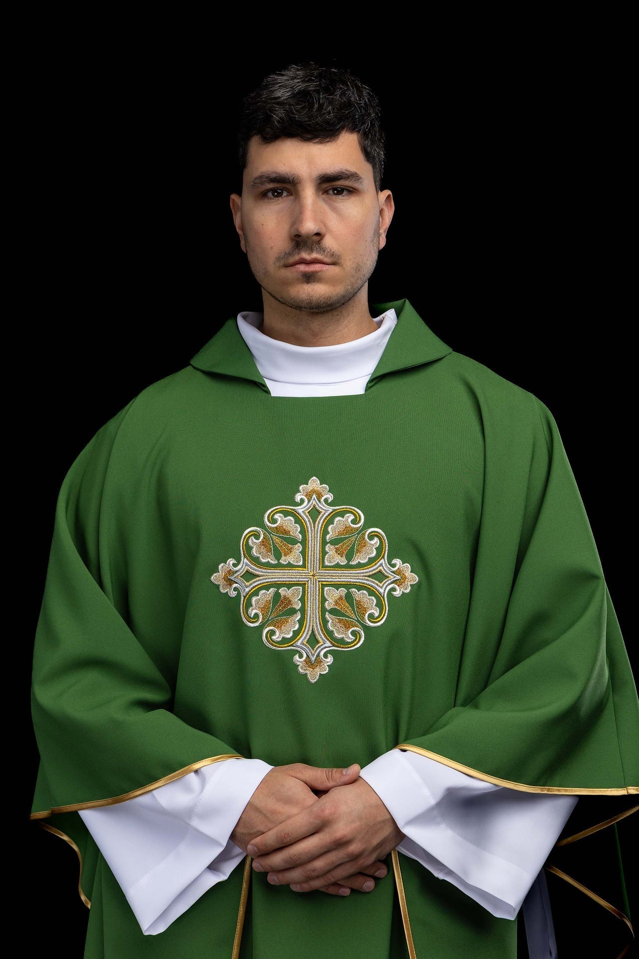 Green embroidered chasuble with an ornate cross and a wide collar KOK/003/01/12/KARO - CHASUBLES.COM