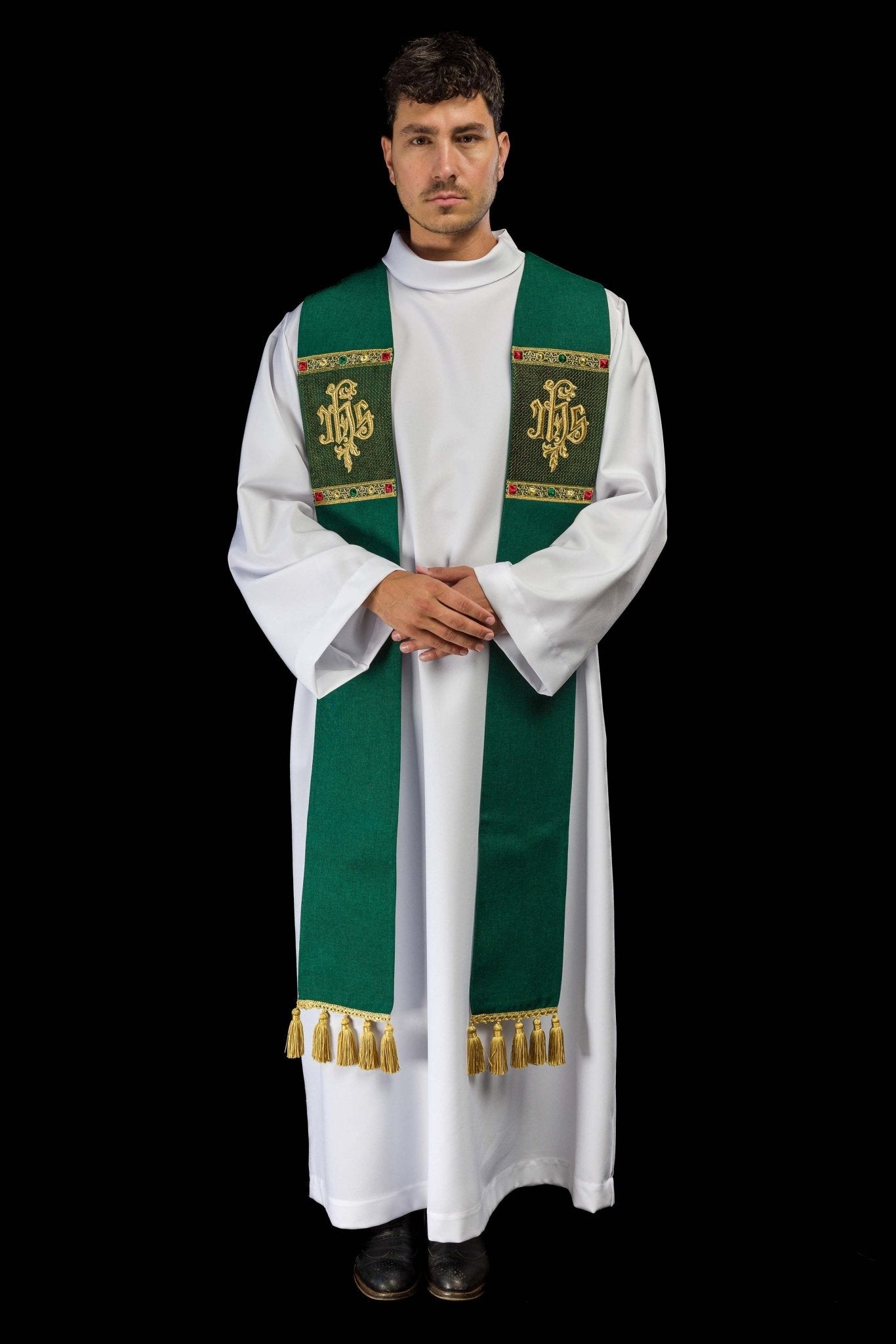 Green embroidered stole with IHS motif S-2067-01-70 - CHASUBLES.COM