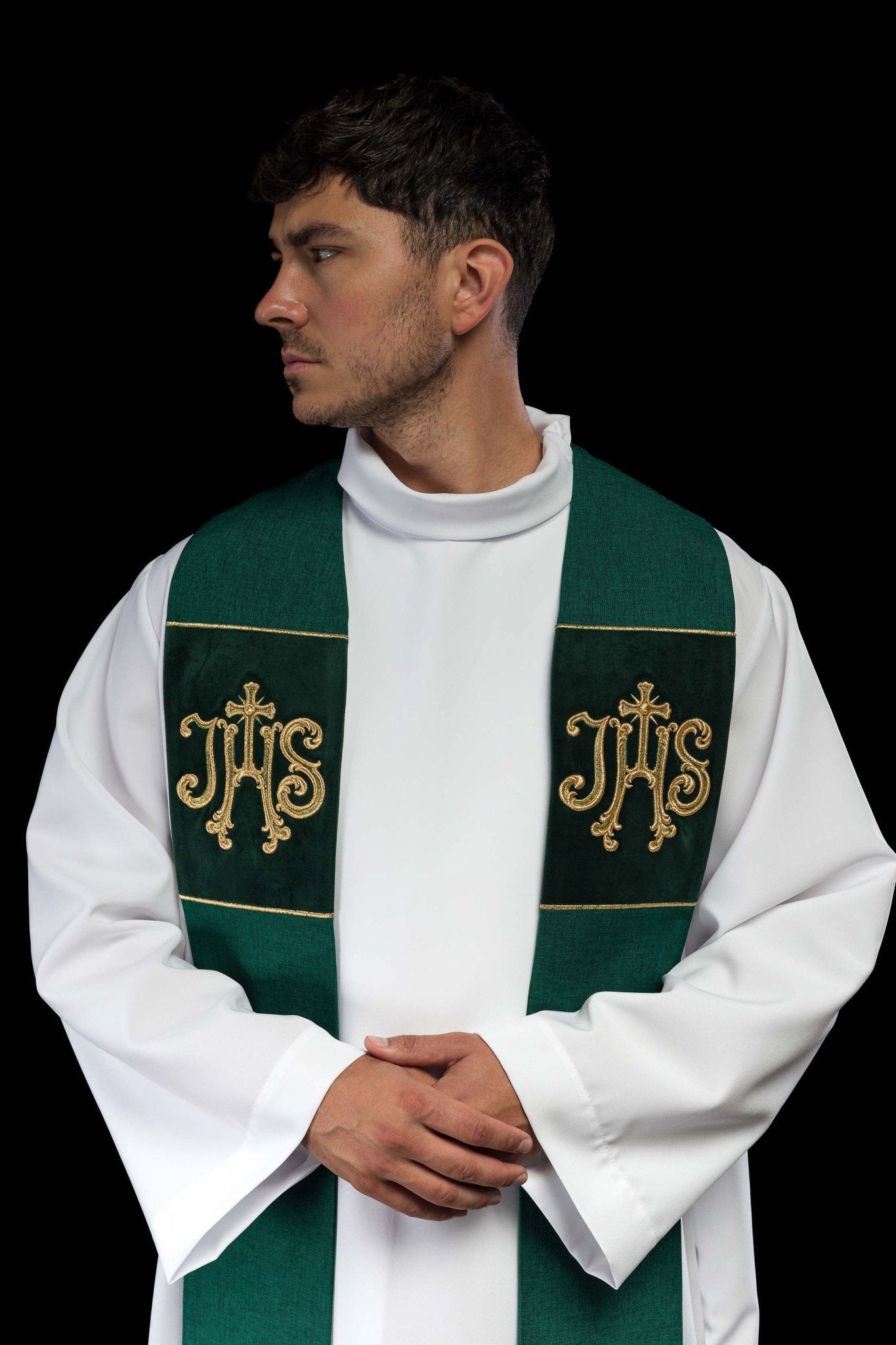 Green Embroidered Velvet Stole with IHS Motif S-2055-01-70 - CHASUBLES.COM