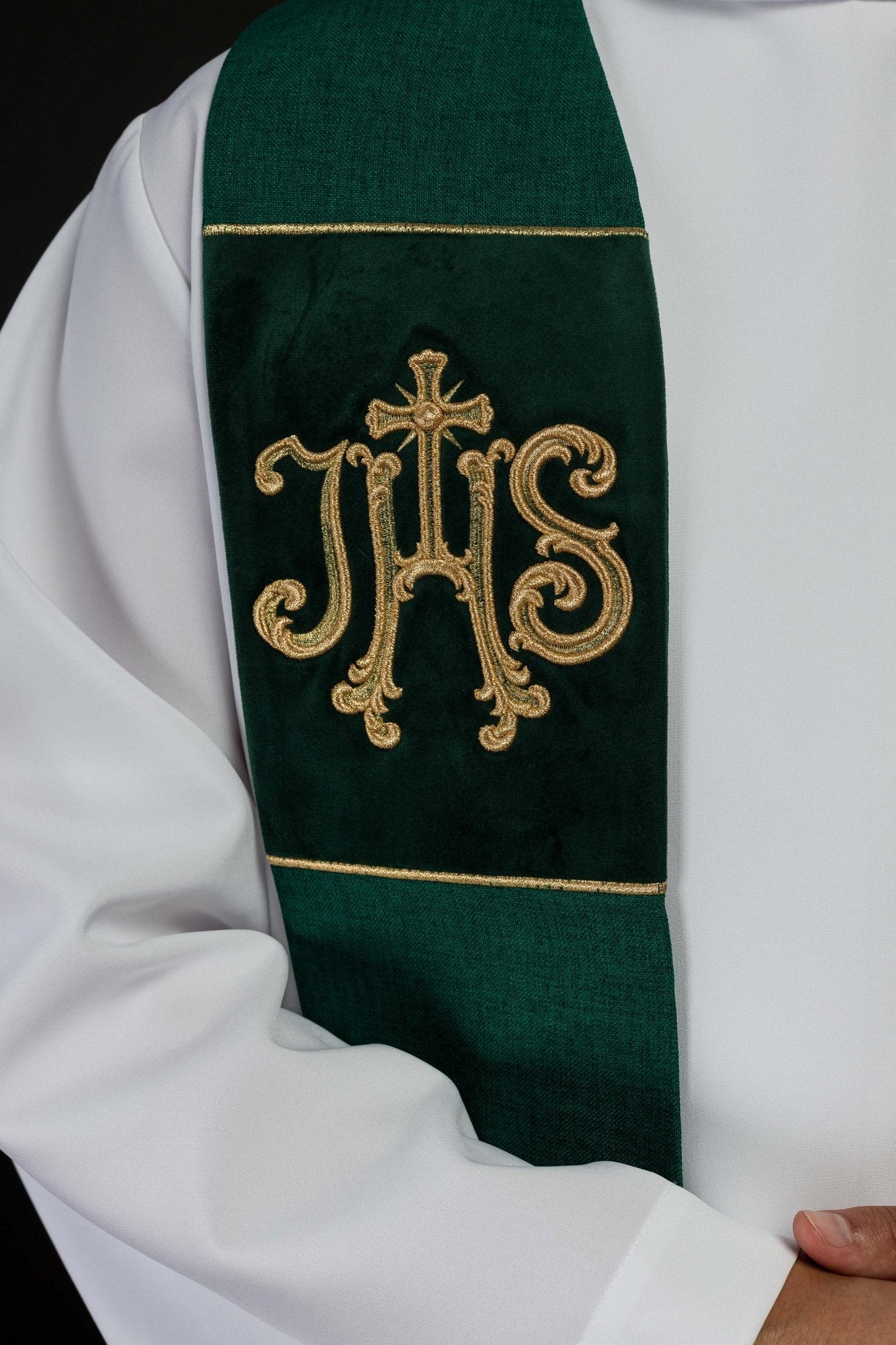 Green Embroidered Velvet Stole with IHS Motif S-2055-01-70 - CHASUBLES.COM