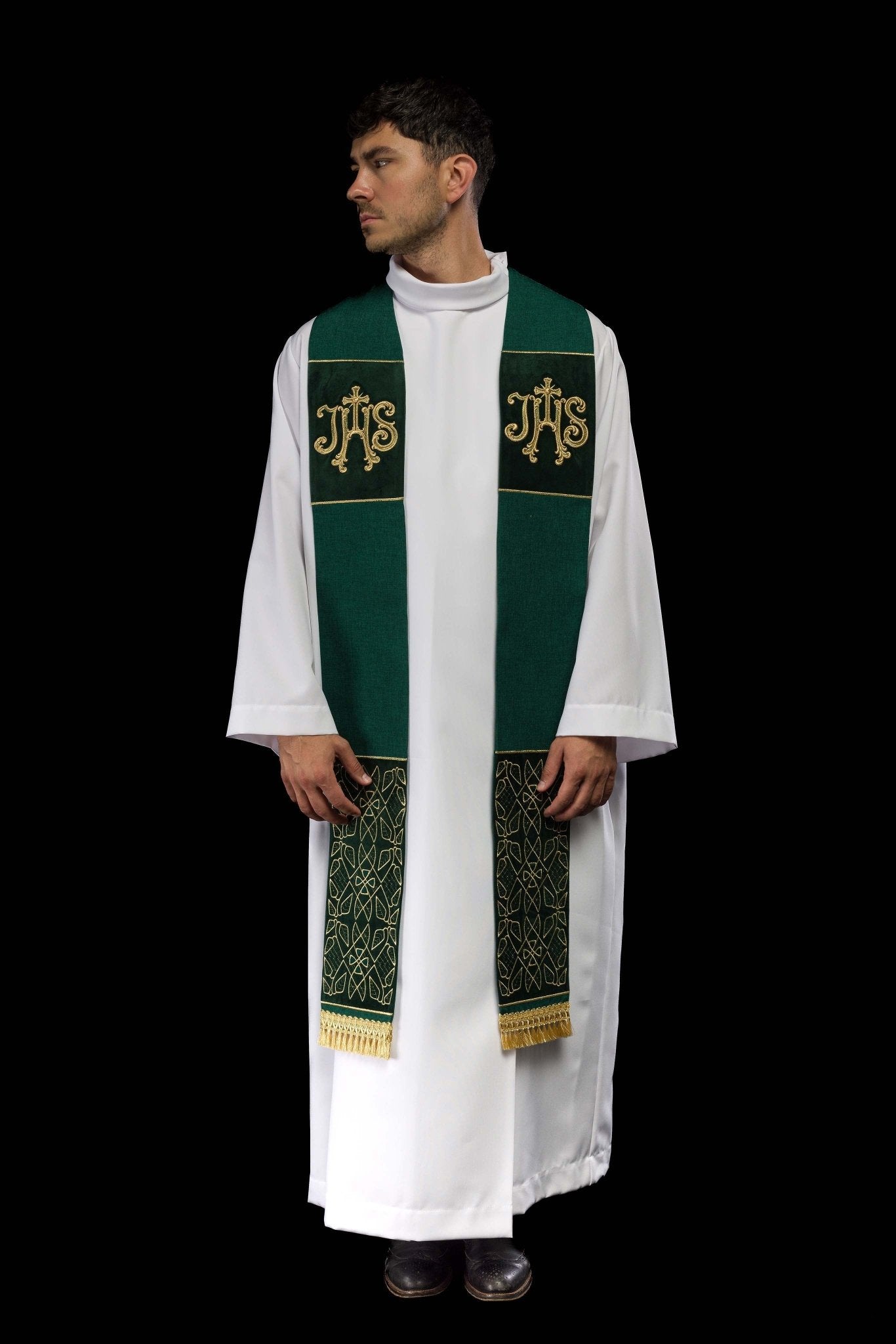 Green Embroidered Velvet Stole with IHS Motif S-2055-01-70 - CHASUBLES.COM