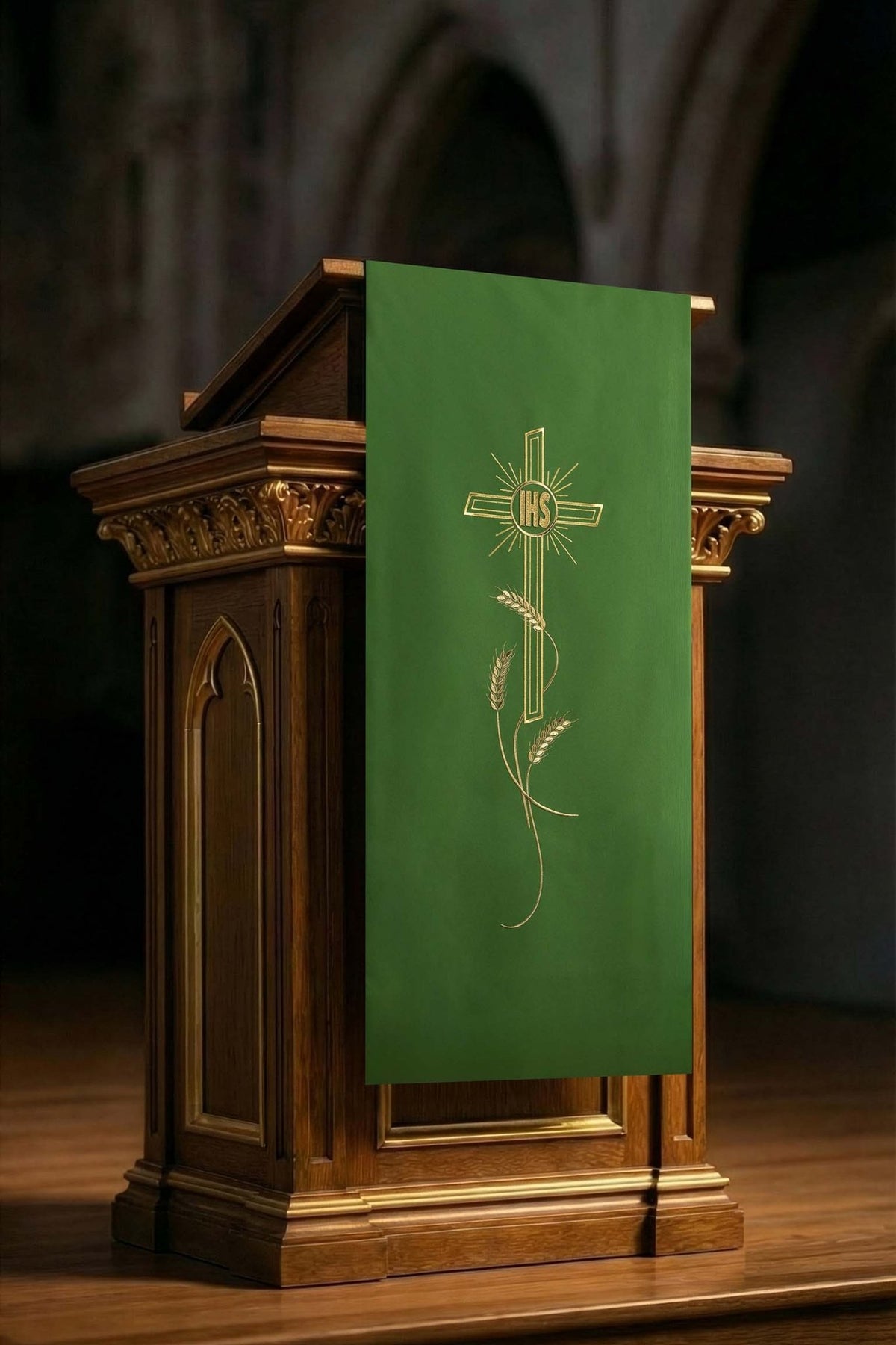 Front view of a Green Lectern Cloth with Embroidered Cross Motif, featuring a gold cross and wheat embroidery