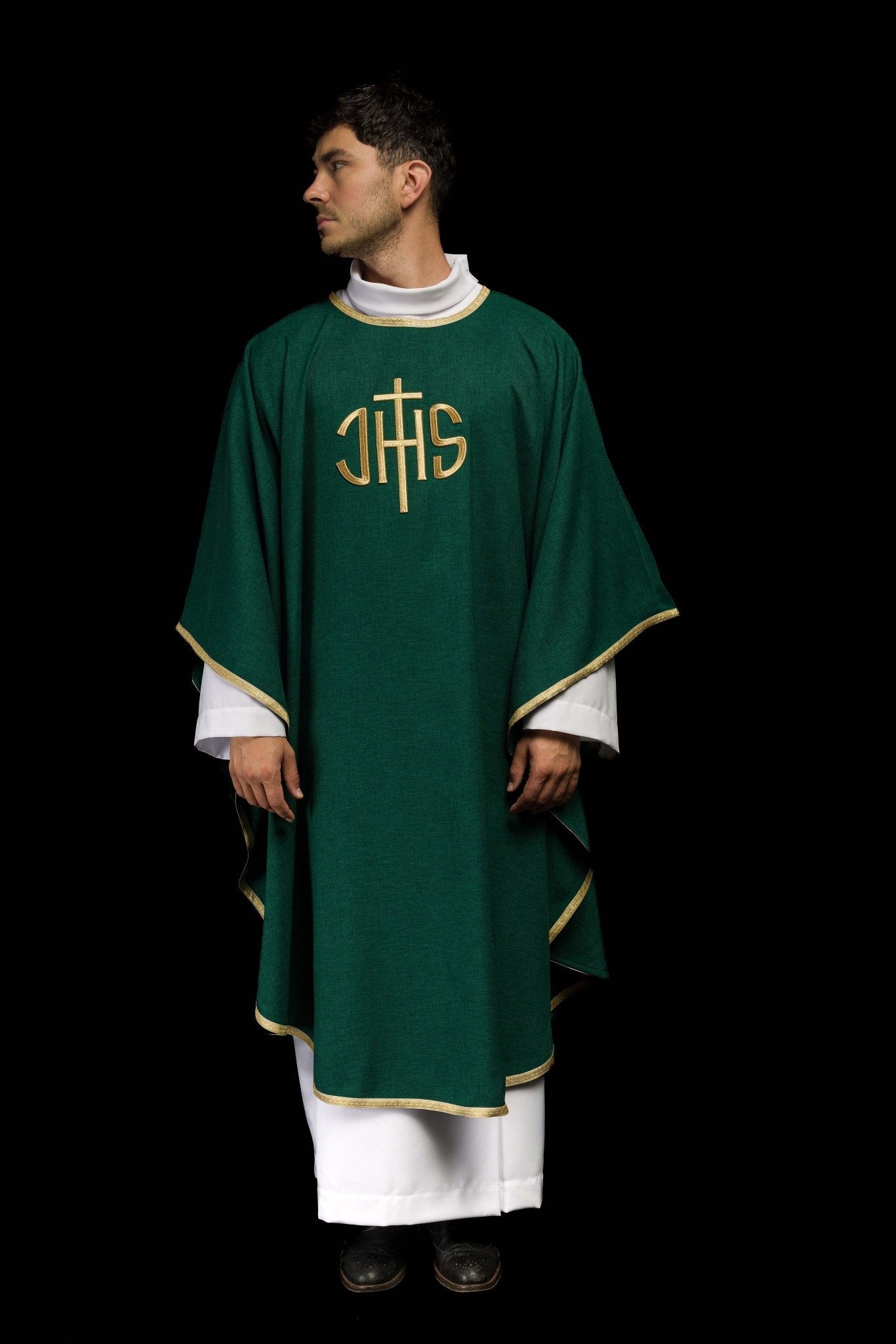 Green Liturgical Chasuble with Gold IHS Embroidery KOA/001/01/70 - CHASUBLES.COM