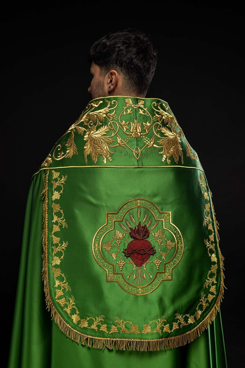 Roman Style Cape Pattern Green satin Roman cape with embroidered heart of Jesus