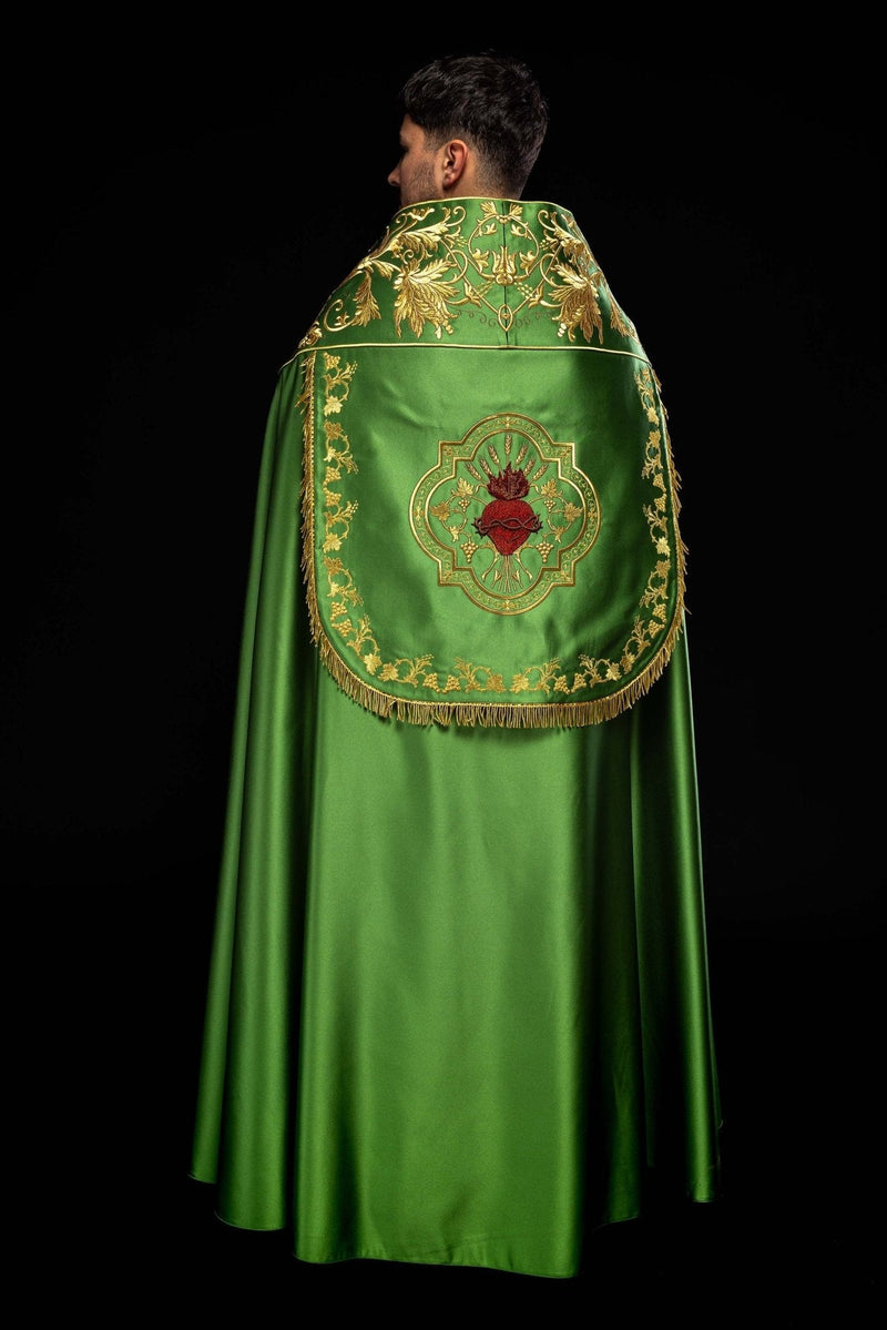Roman Style Cape Pattern Green satin Roman cape with embroidered heart of Jesus