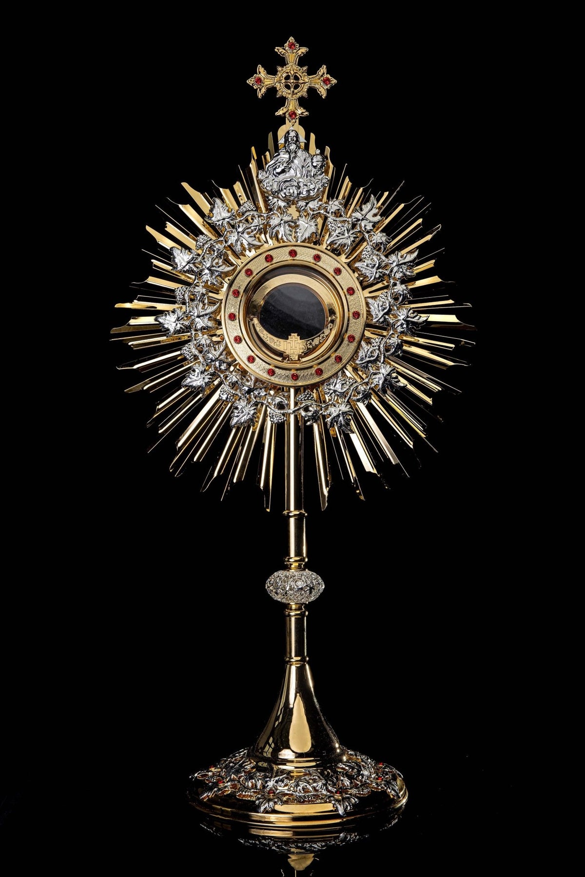 Handmade gilded brass monstrance decorated with rubies KNR/0131 70CM - CHASUBLES.COM