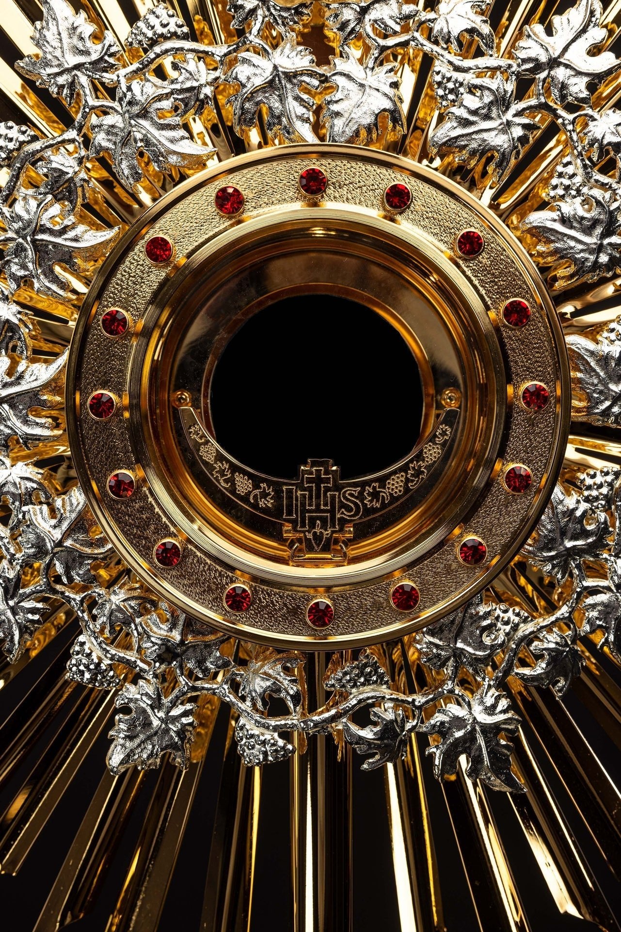 Handmade gilded brass monstrance decorated with rubies KNR/0131 70CM - CHASUBLES.COM
