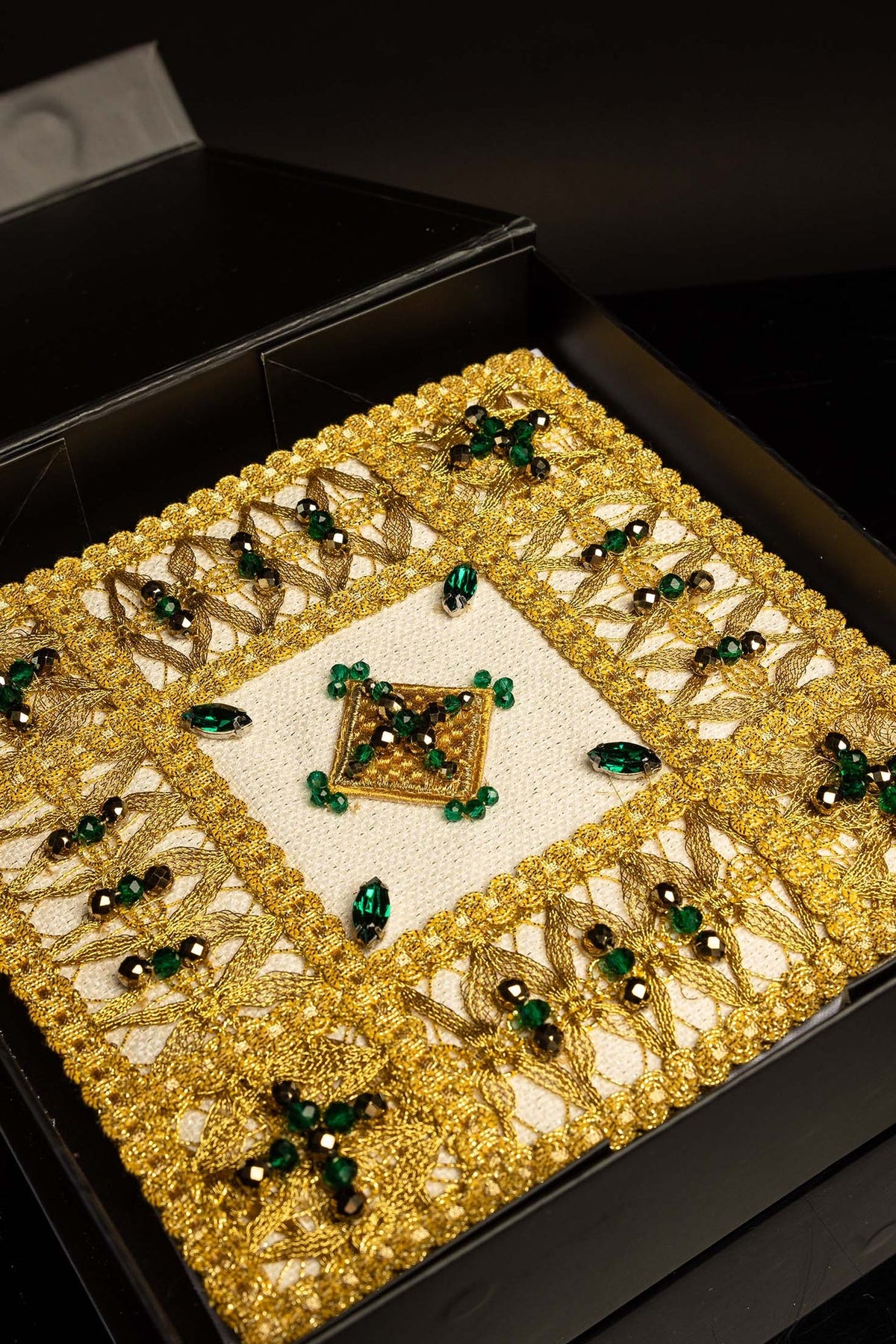 Chalice pall from the altar linen set displayed in its presentation box
