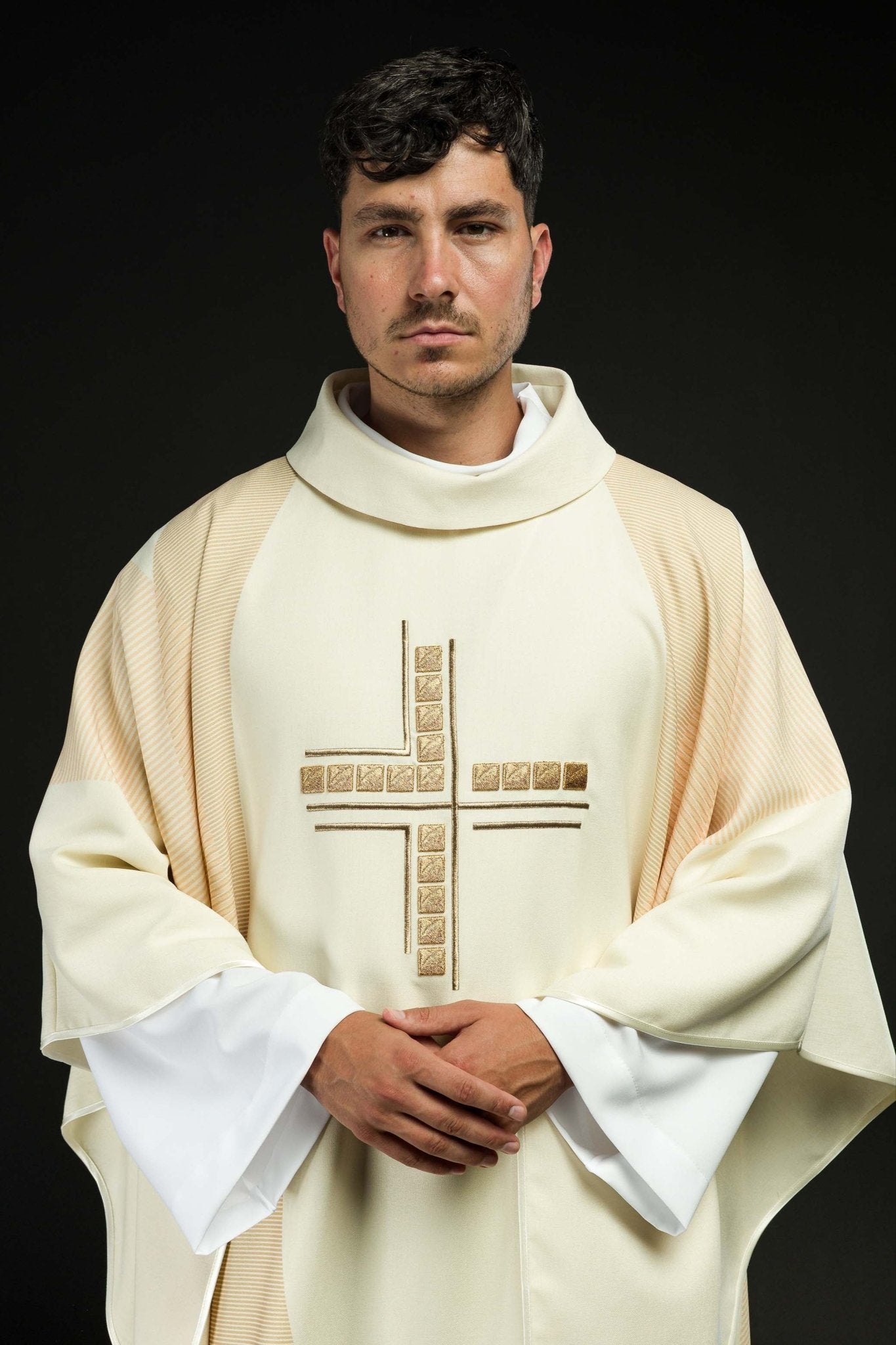 Ivory priests chasuble with printed cross design HA7036-05 ECRU - CHASUBLES.COM