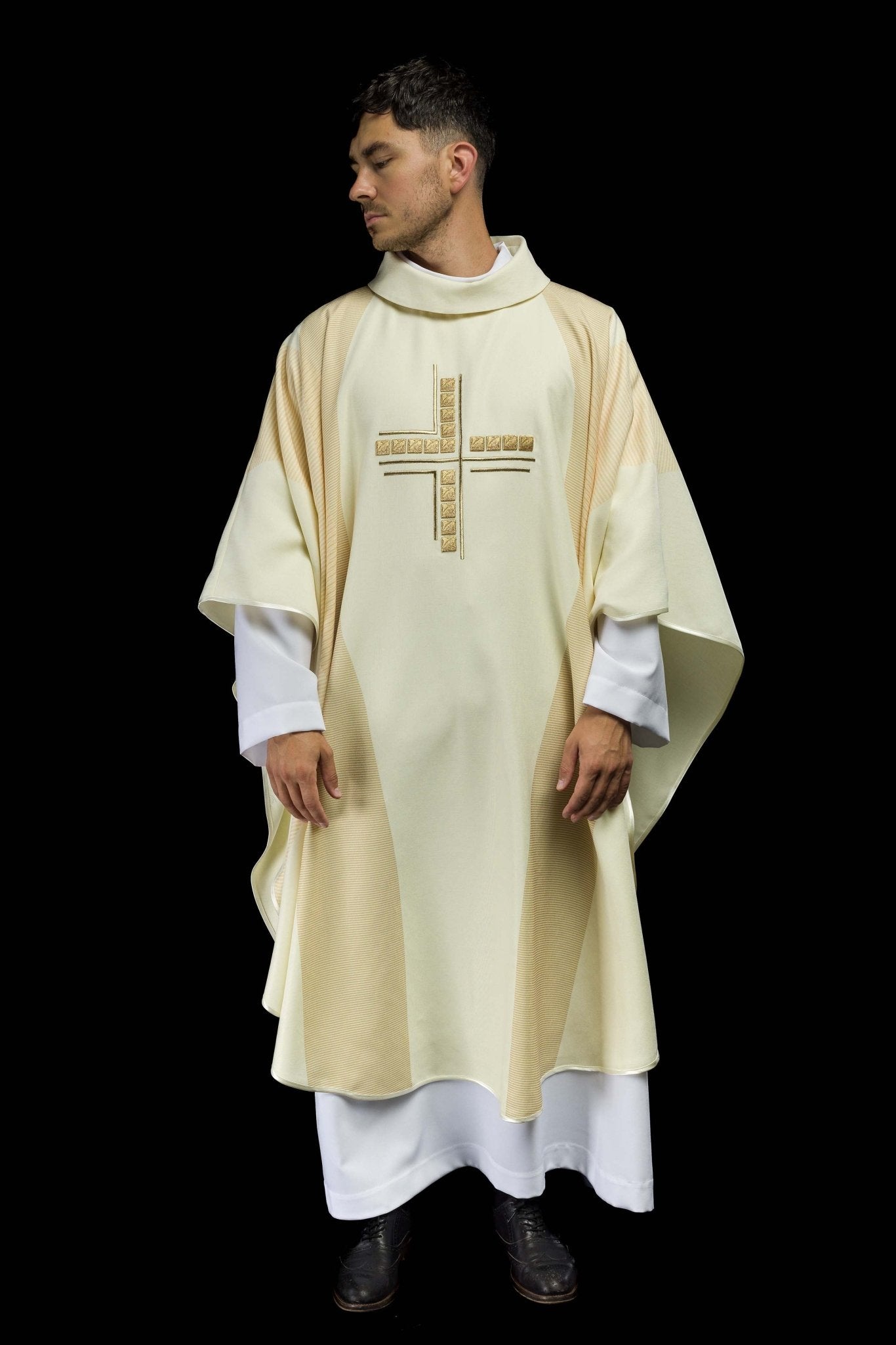 Ivory priests chasuble with printed cross design HA7036-05 ECRU - CHASUBLES.COM
