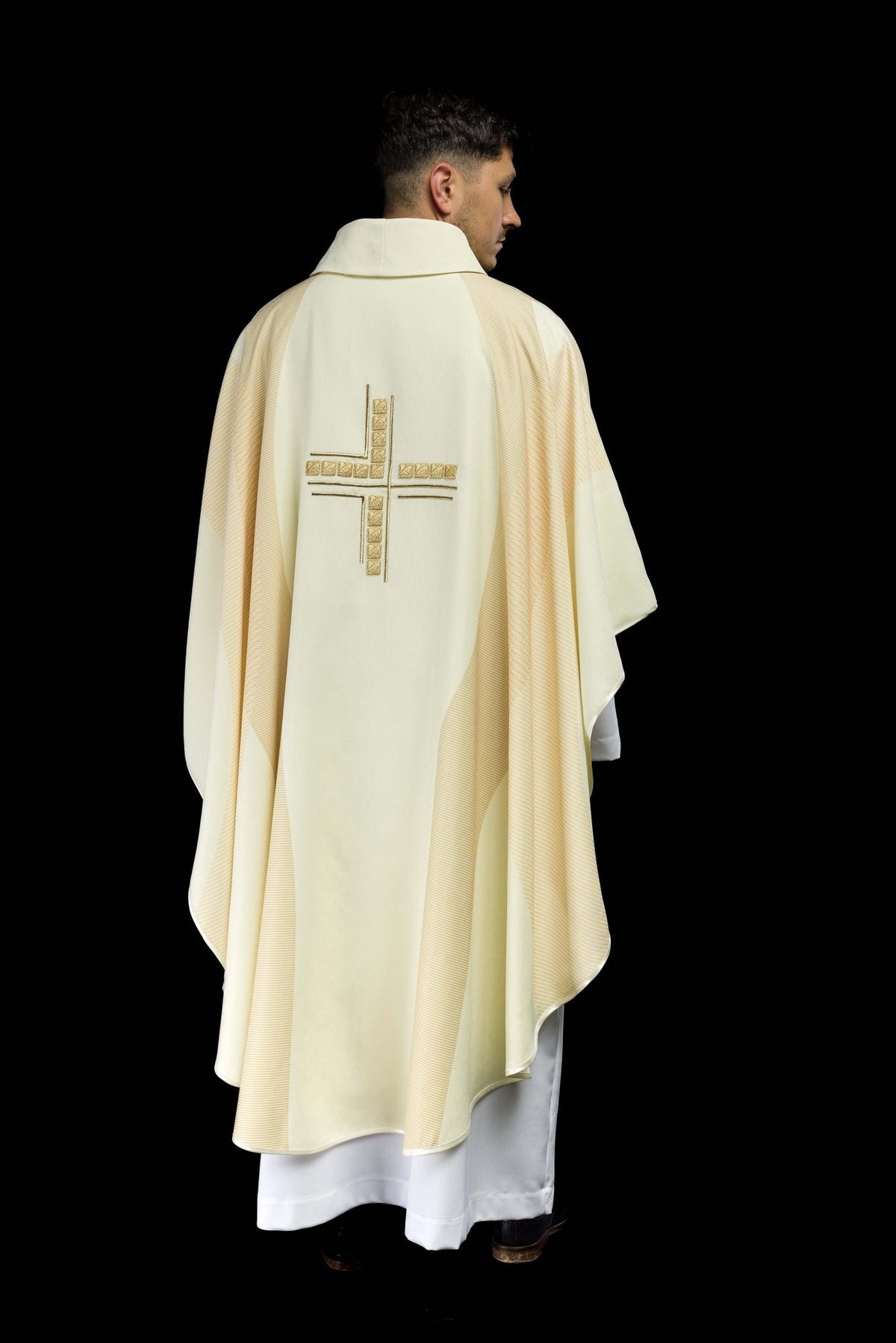 Ivory priest chasuble with printed cross design