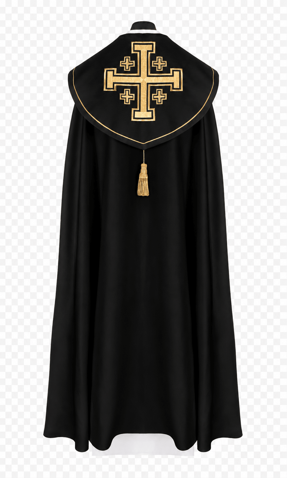 Back view of the black cope with an embroidered Jerusalem cross on the orphrey