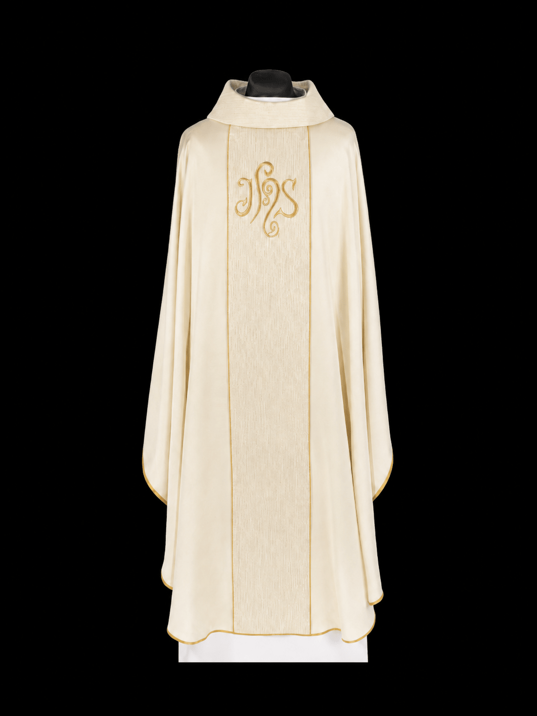 Front view of Ecru Chasuble Embroidered with IHS and Gold-Trimmed Edges