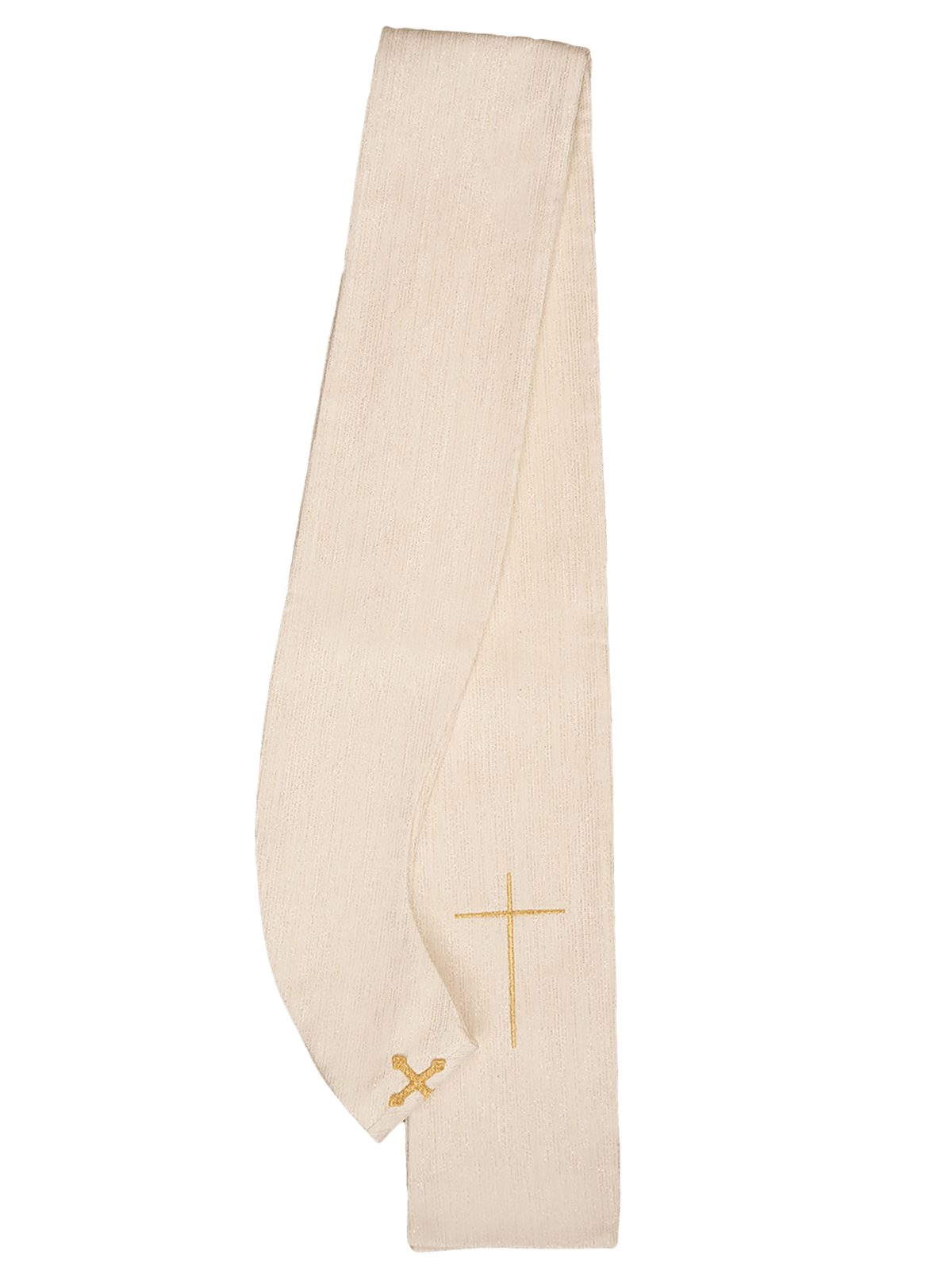 Side view of ecru chasuble sleeve with small gold crosses