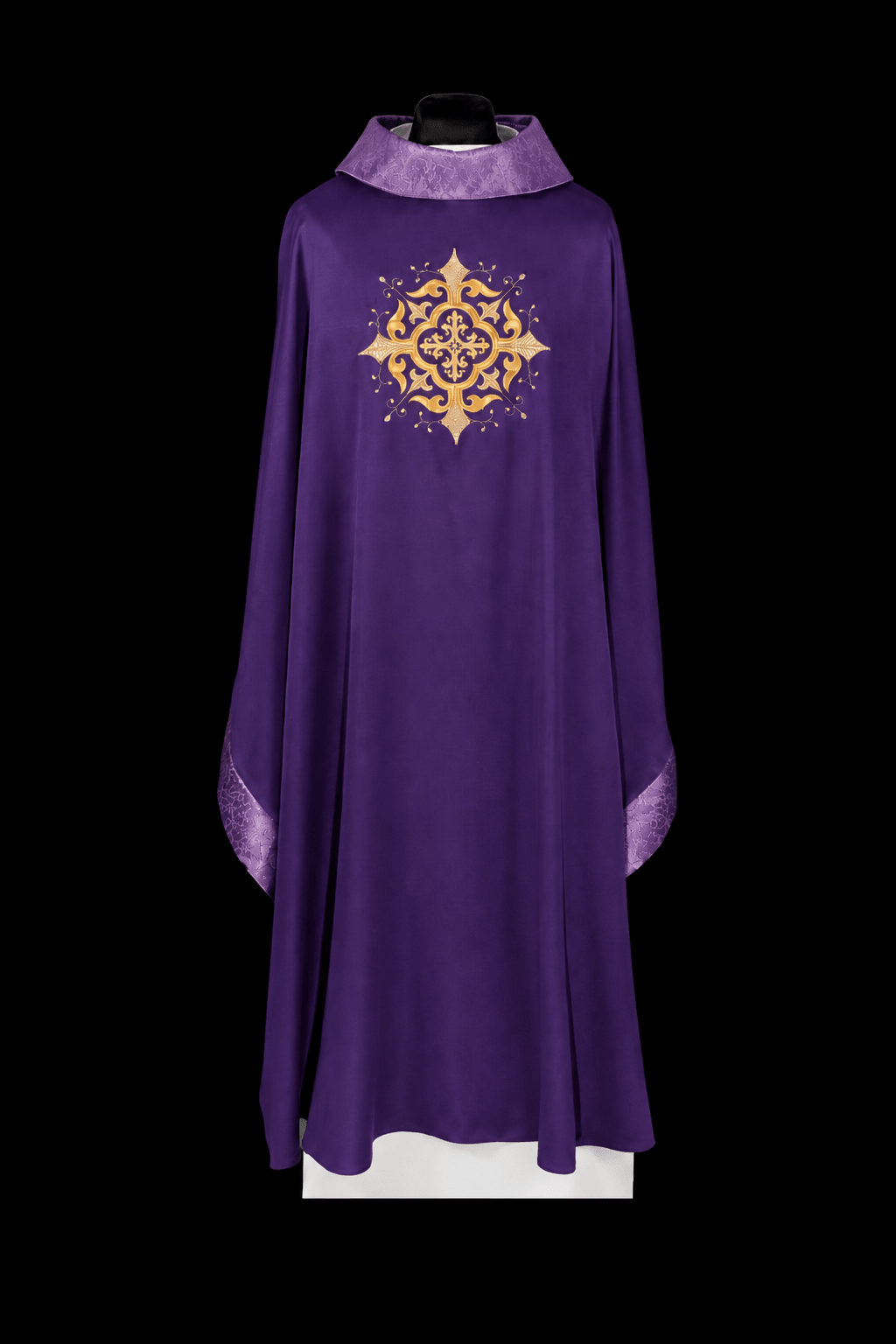 Front view of Purple Chasuble Embroidered with a Cross Motif and Gold Trim with gold cross embroidery