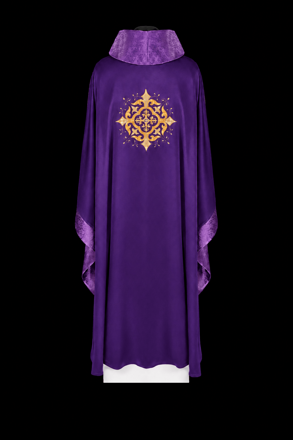 Back view of purple chasuble with gold cross embroidery and patterned purple trim