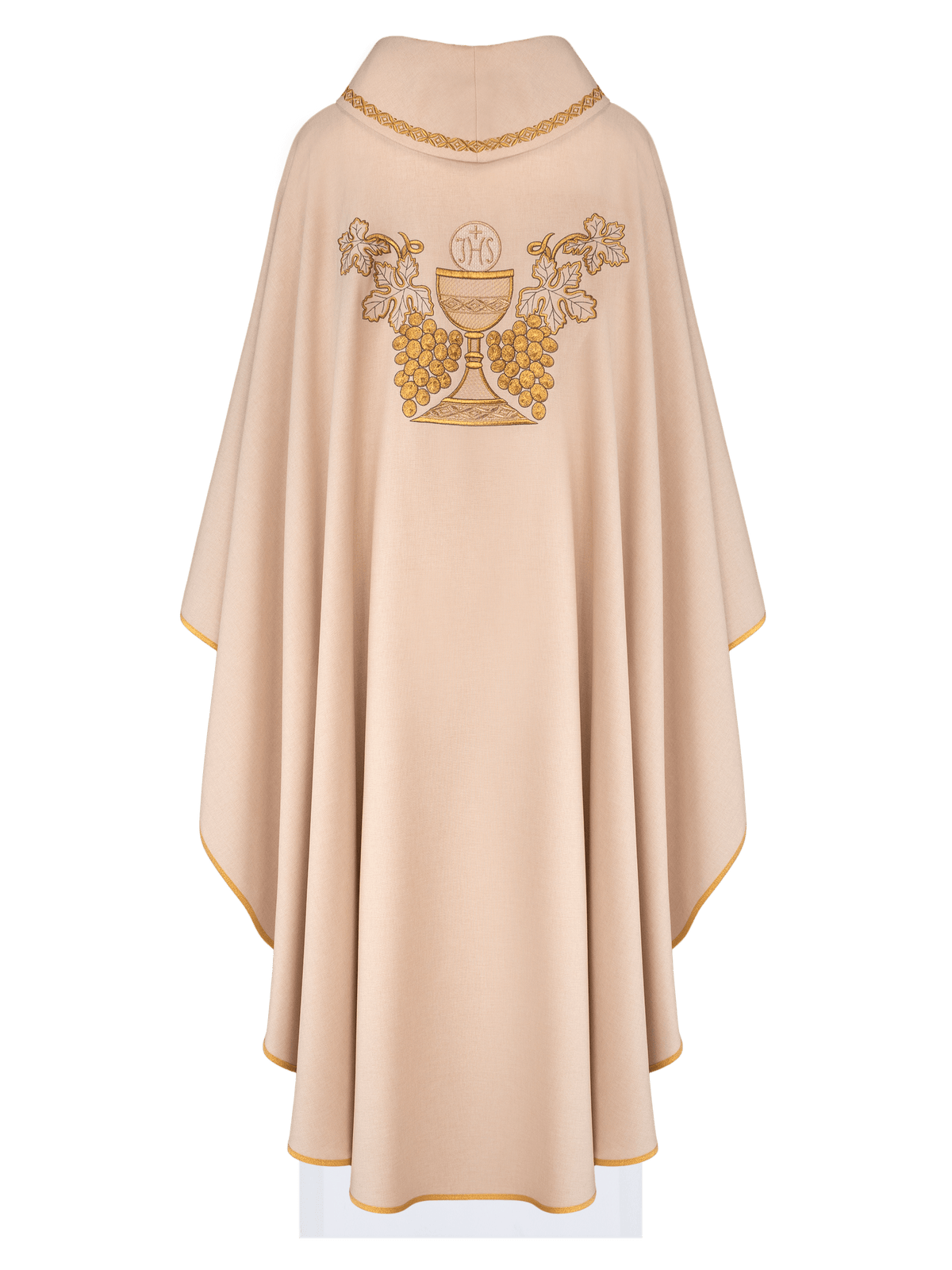 Back view of the ecru chasuble with chalice, IHS, grape and vine embroidery