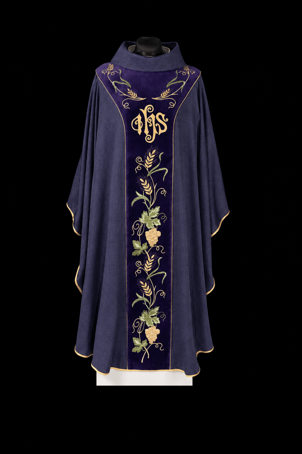 Front view of Chasuble with Purple Velvet Band Embroidered with IHS, dark purple with gold IHS and grapevine embroidery