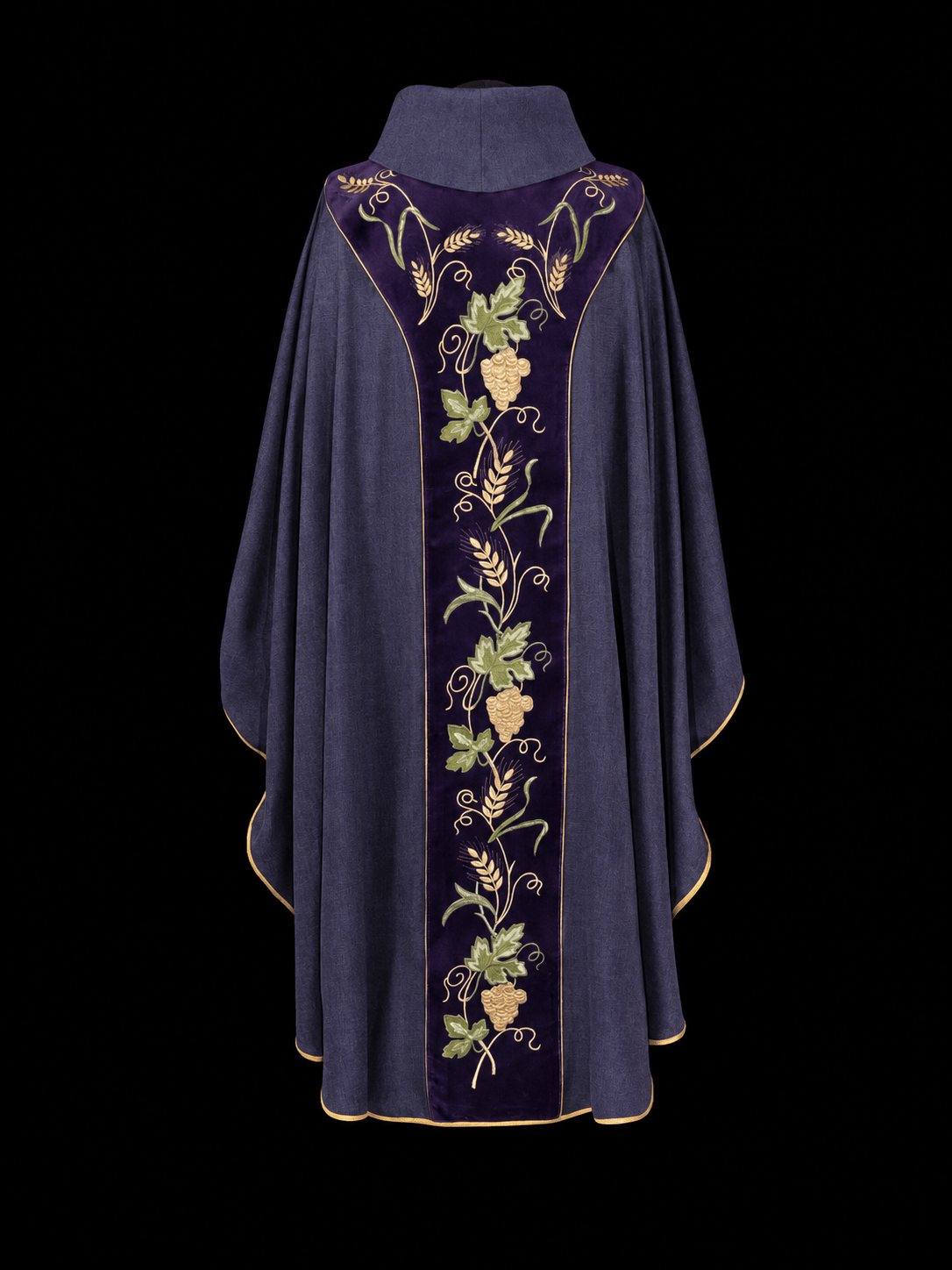 Back view of purple chasuble with velvet band, embroidered with grapevines, wheat and grapes