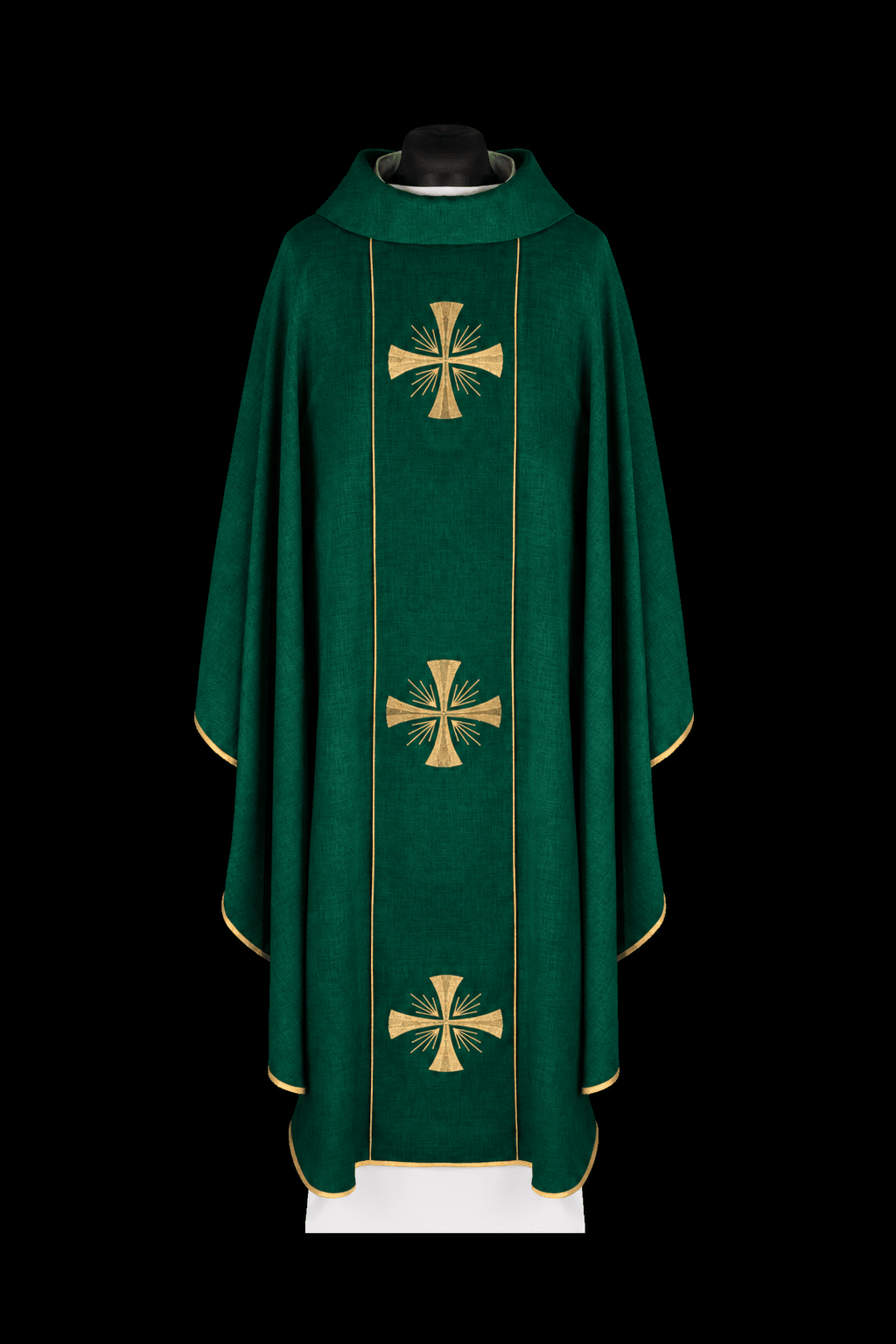 Front view of Chasuble Accented with a Green Band and Embroidered Crosses, green with gold-edged band and three crosses