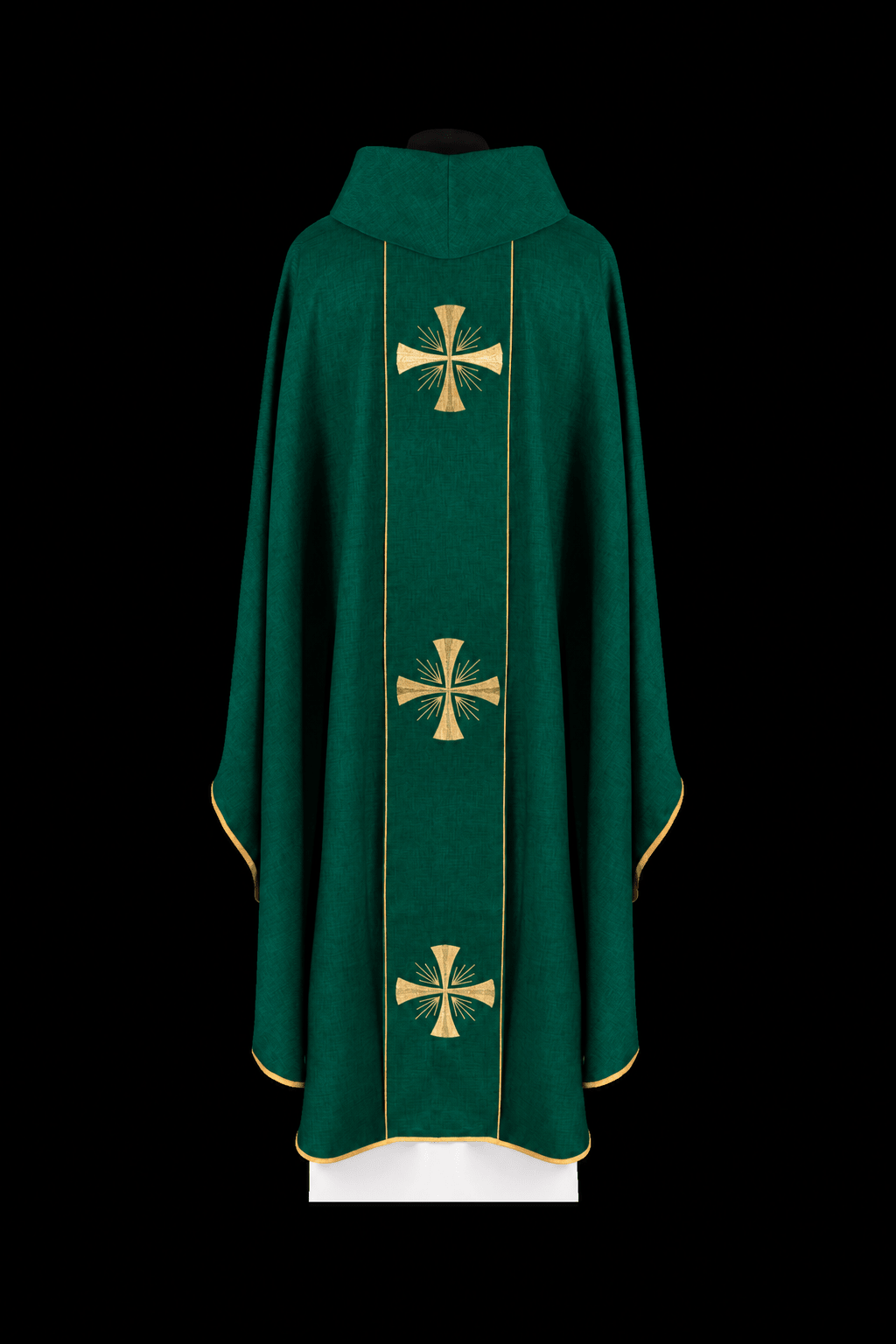 Back view of green chasuble with gold-edged band and three embroidered crosses