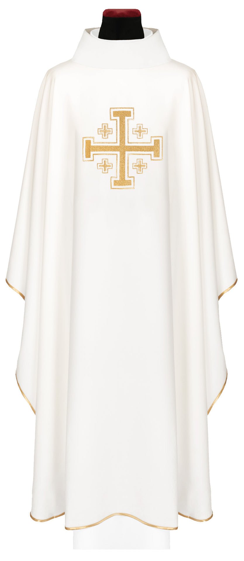 Front view of White Chasuble Embroidered with a Cross Motif, showing a gold cross and trim