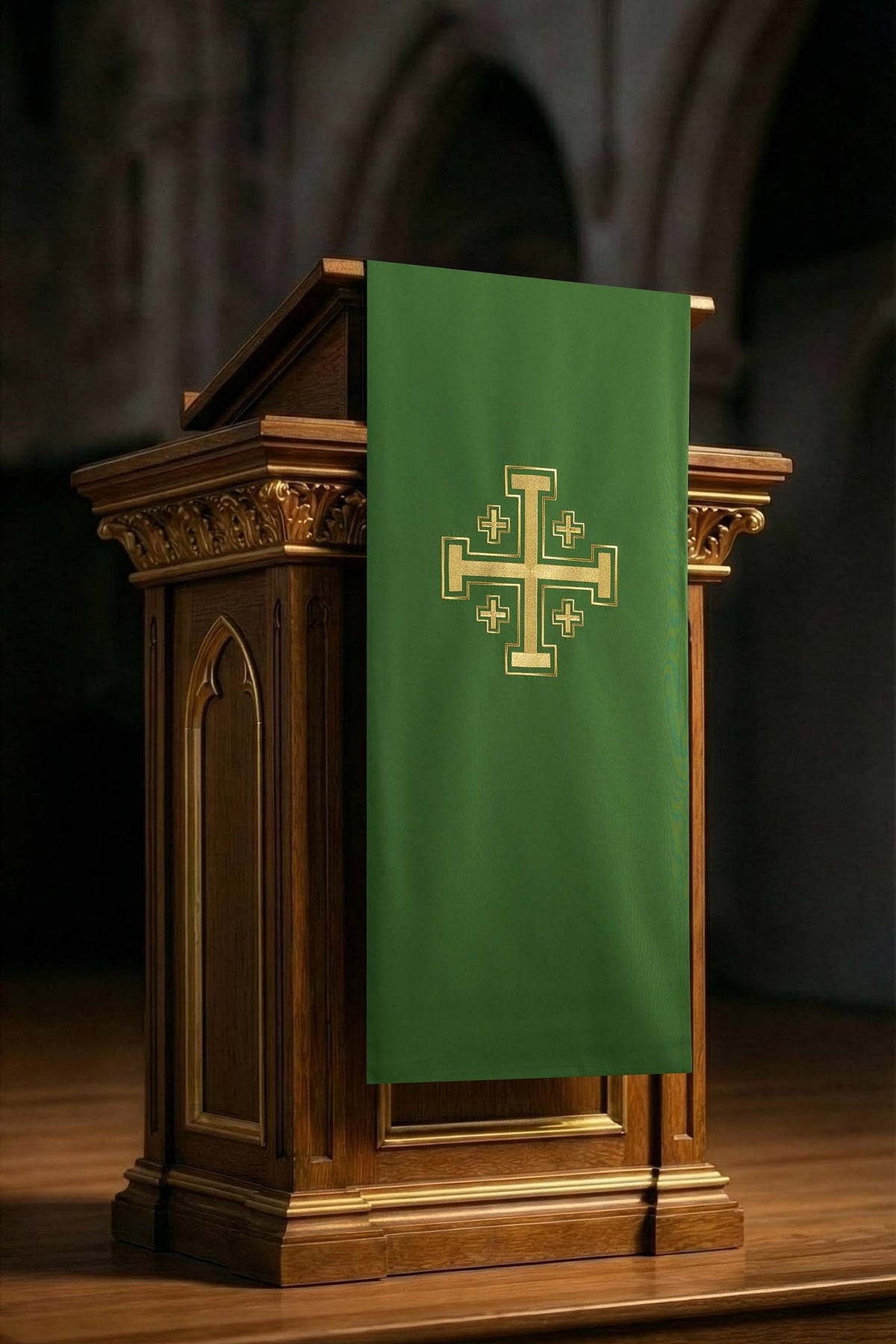 Front view of a green church lectern cover embroidered with a Jerusalem cross in gold