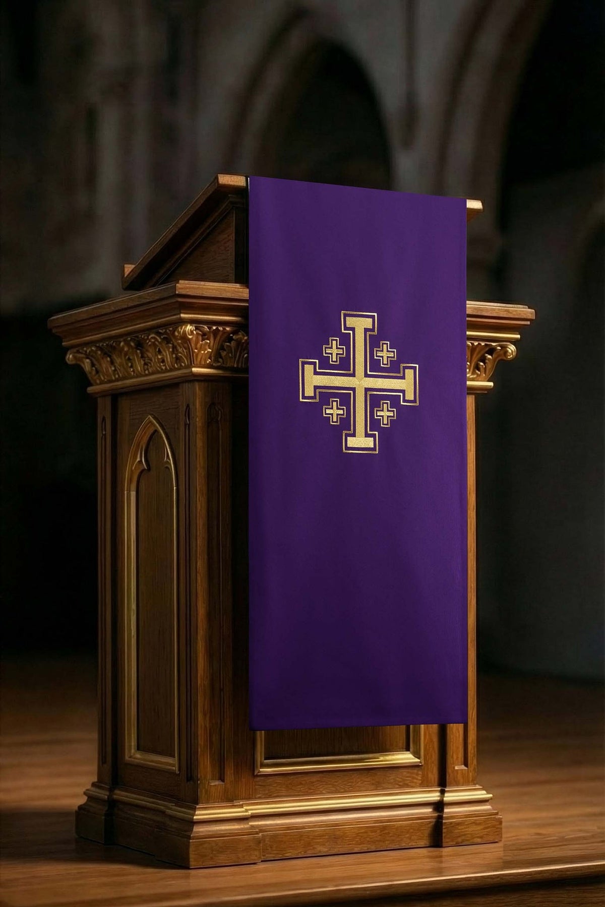 Front view of a purple church lectern cover embroidered with a Jerusalem cross in gold