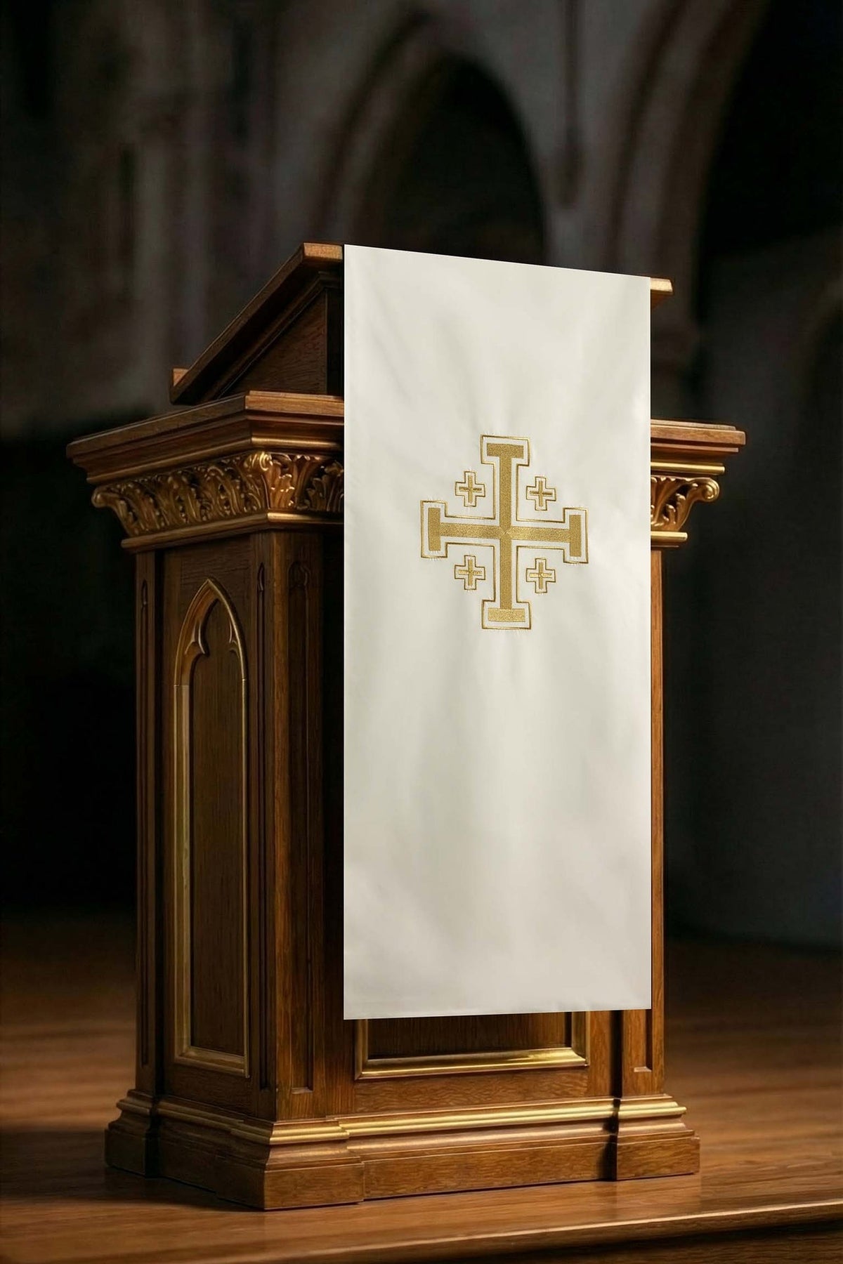 Front view of the Ecru Church Lectern Cover Embroidered with a Jerusalem Cross