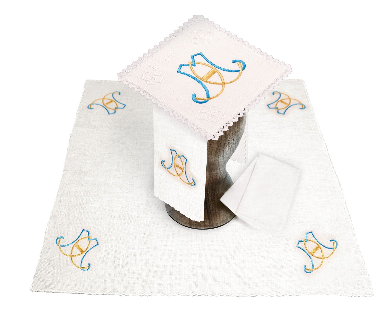 Linen chalice linens set with Marian Eucharistic embroidery - CHASUBLES.COM