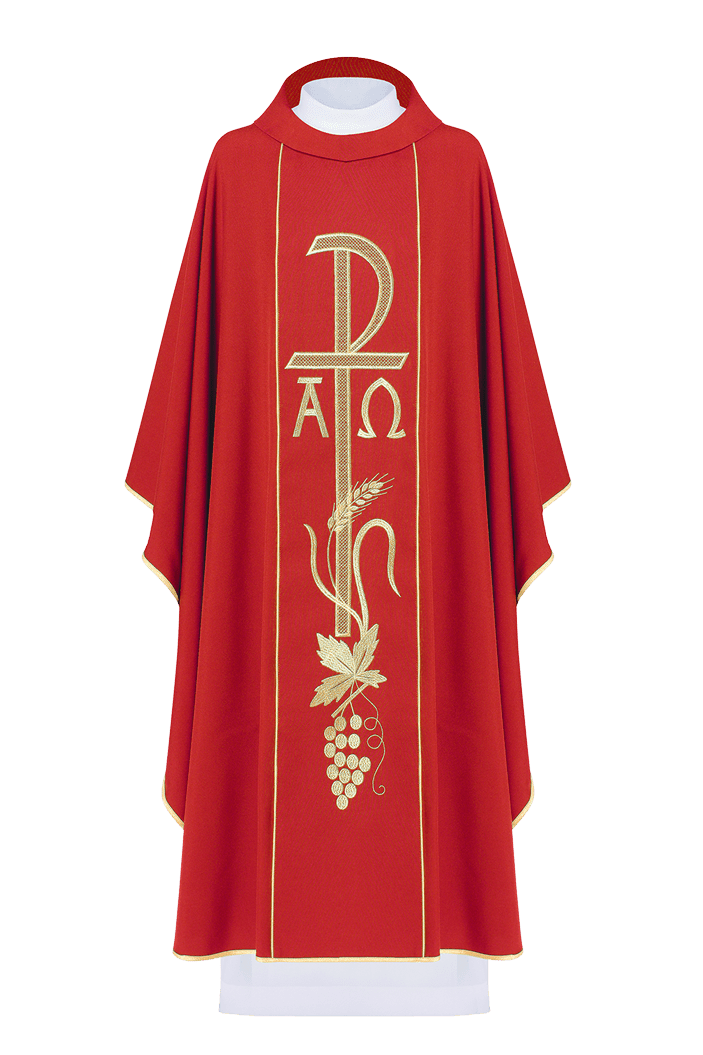 Front view of Red Chasuble with a Wide Orphrey Embroidered with Alpha Omega in Gold, red with gold trim