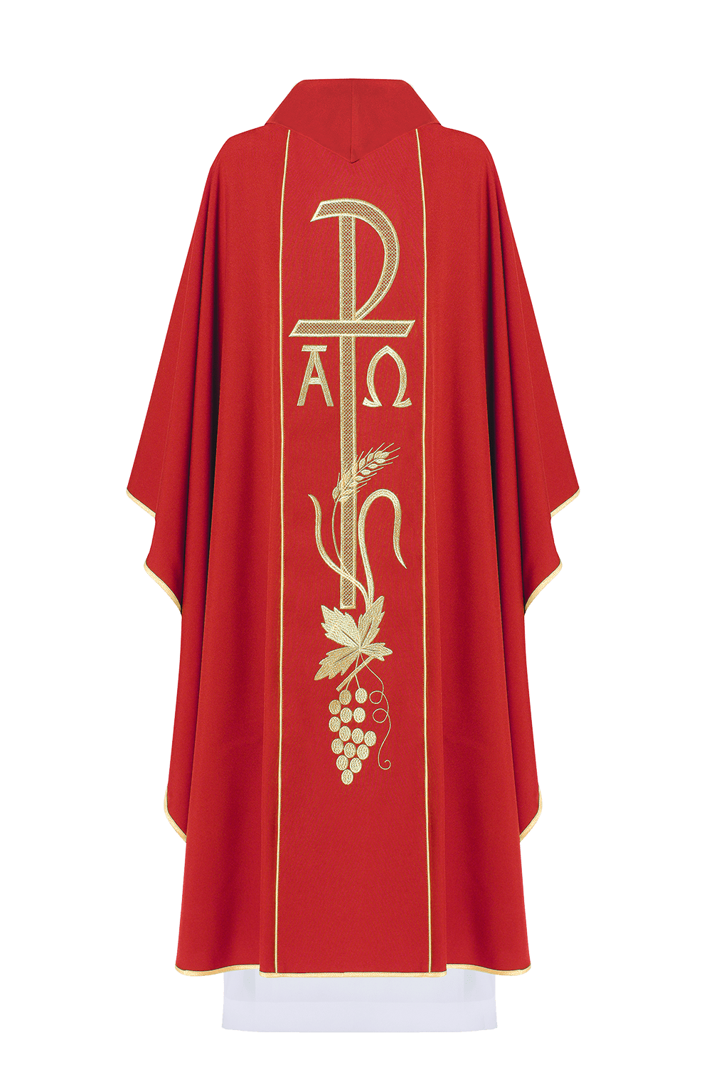Back view of the red chasuble with wide orphrey, embroidered Alpha Omega and grapevine in gold