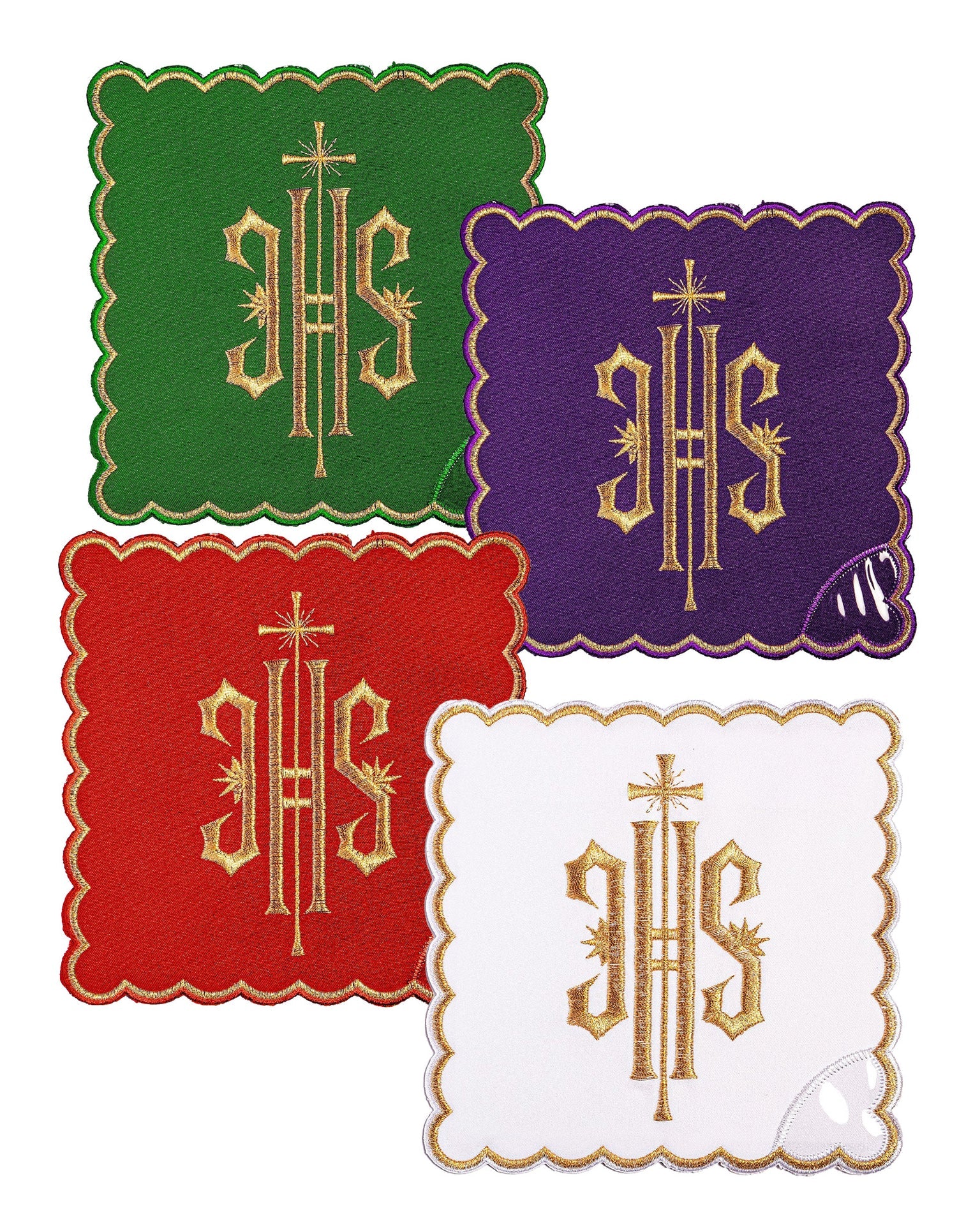 Set of palls with the IHS symbol in four liturgical colors